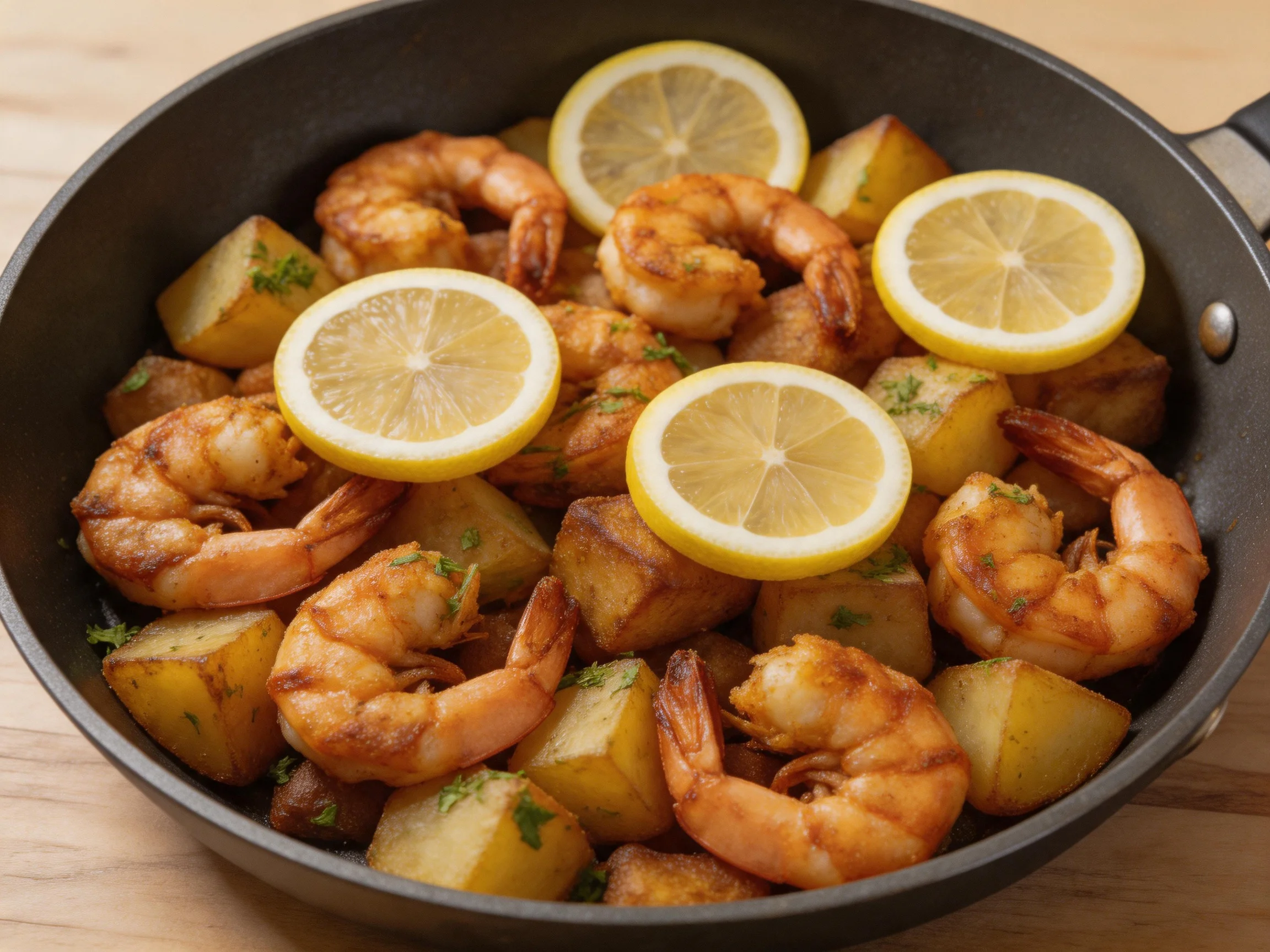 Pan-seared shrimp and roasted potato dish with fresh lemon slices