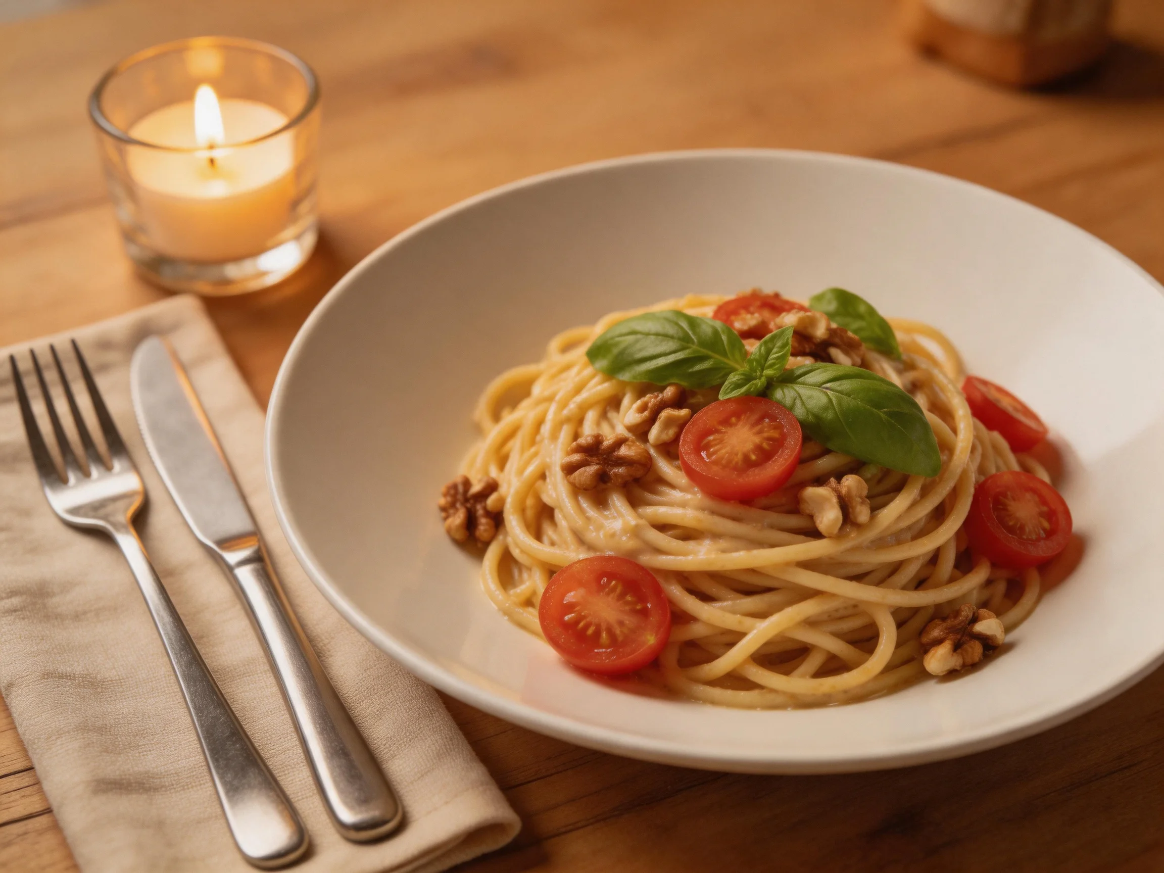 Pasta dish with cherry tomatoes, walnuts, and basil in white bowl