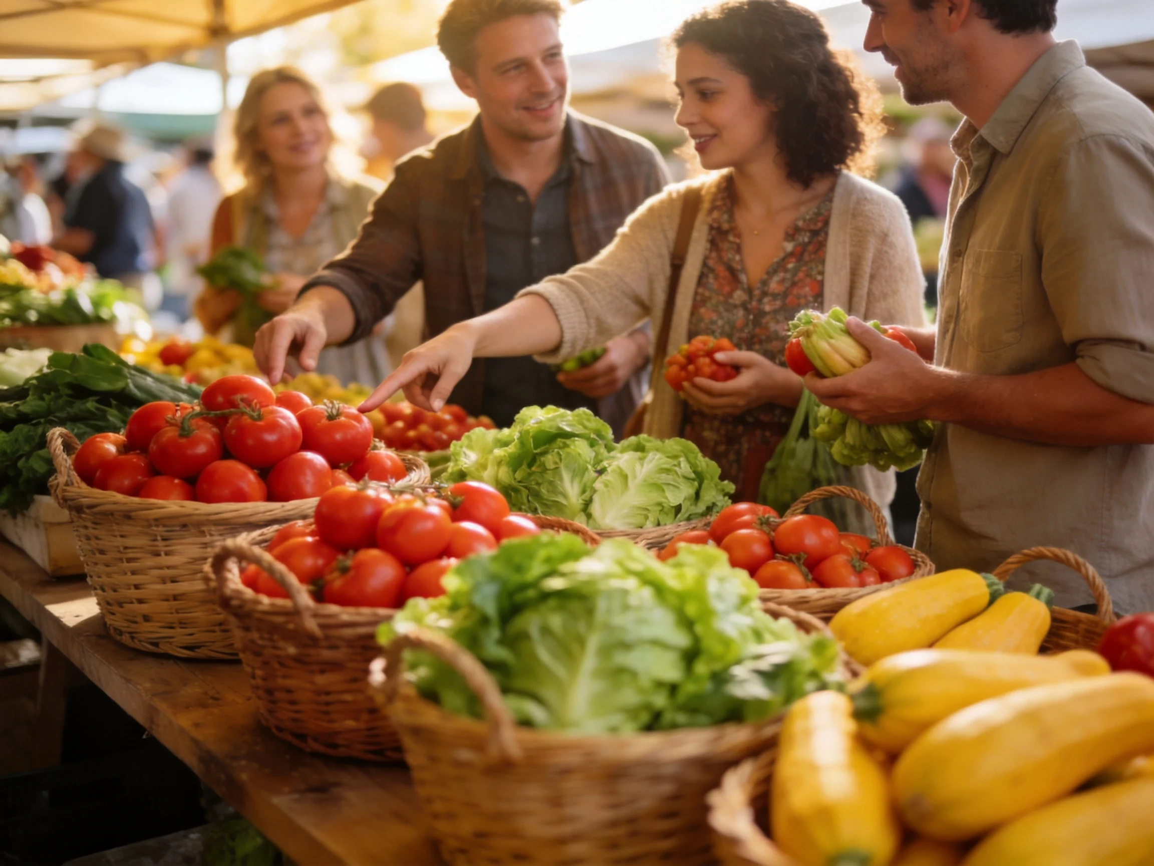 People choosing fresh vegetables at an outdoor market
