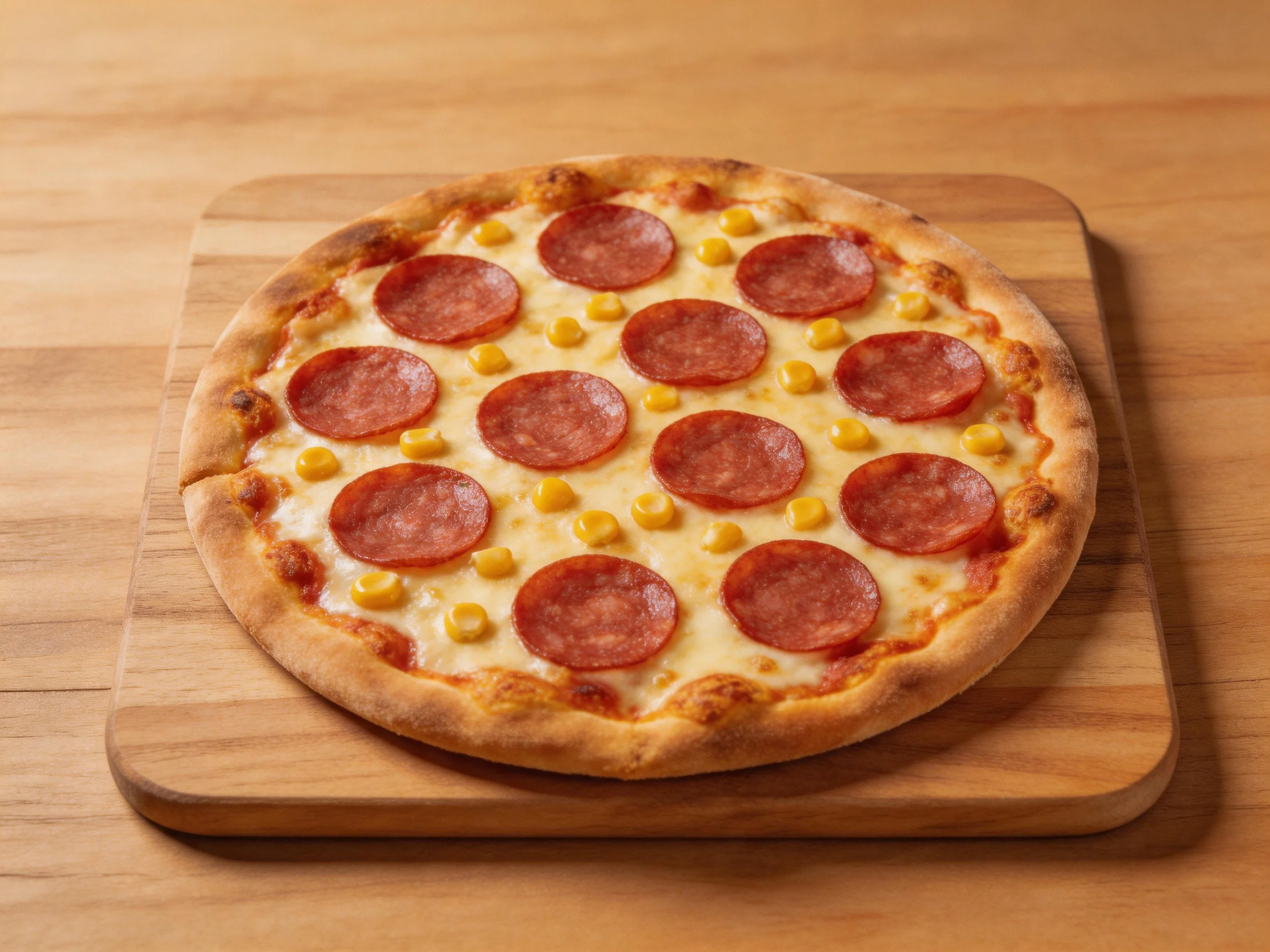 Pepperoni and corn pizza on wooden cutting board