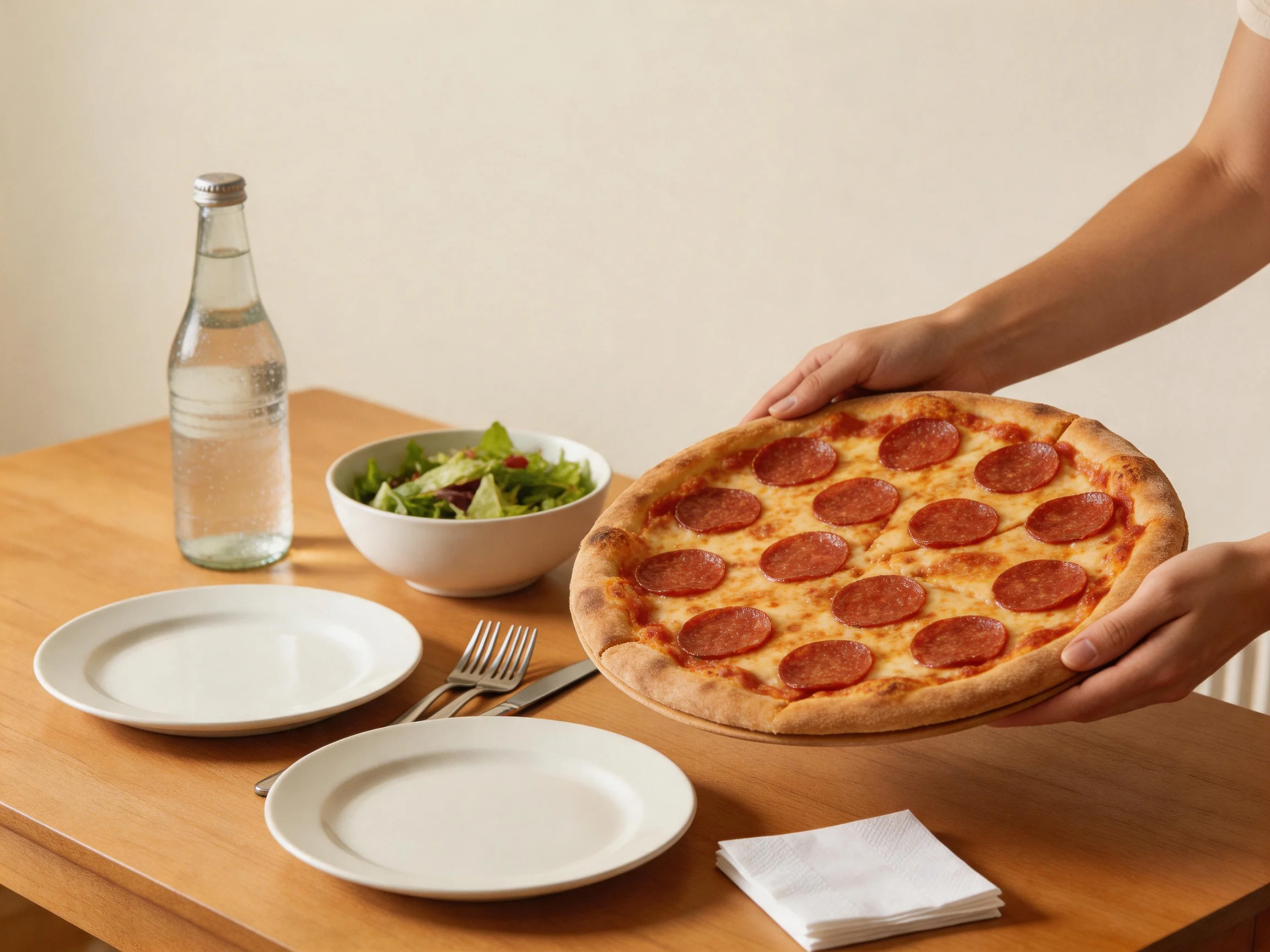 Pepperoni pizza served with salad, plates, and a water bottle on a wooden table