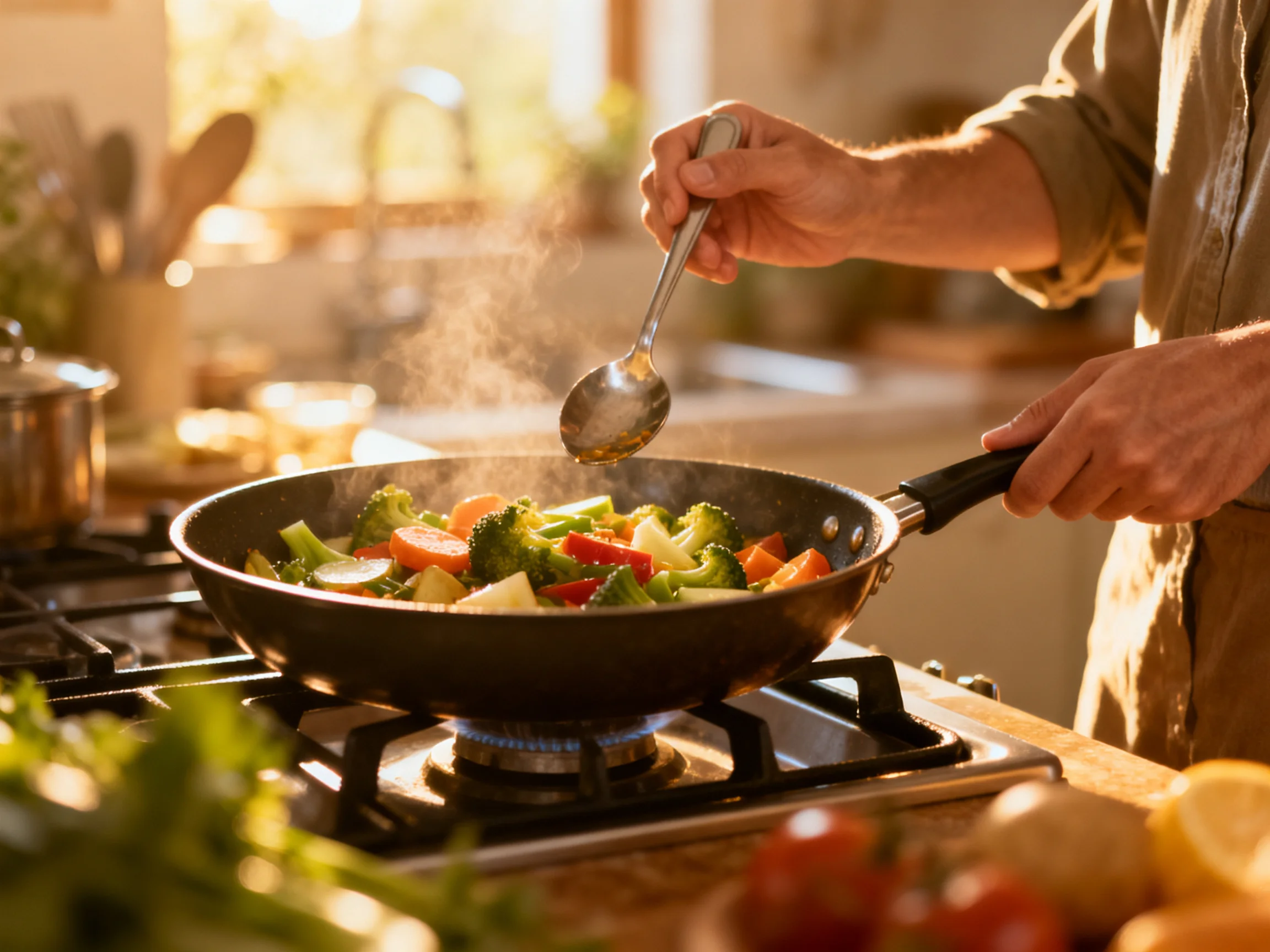 Person cooking mixed vegetables in a skillet over gas stove