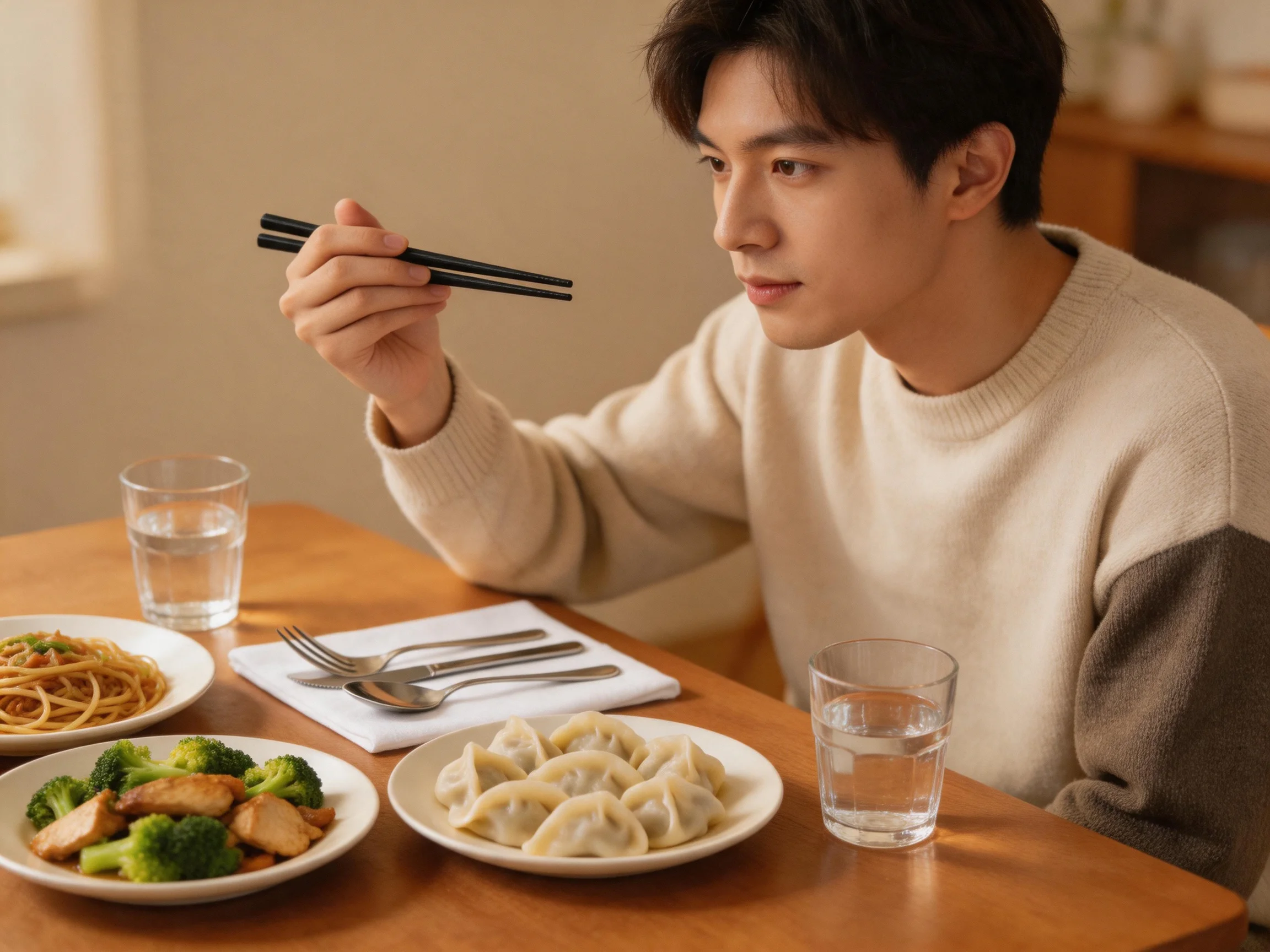 Person dining with noodles, dumplings, and chicken at wooden table