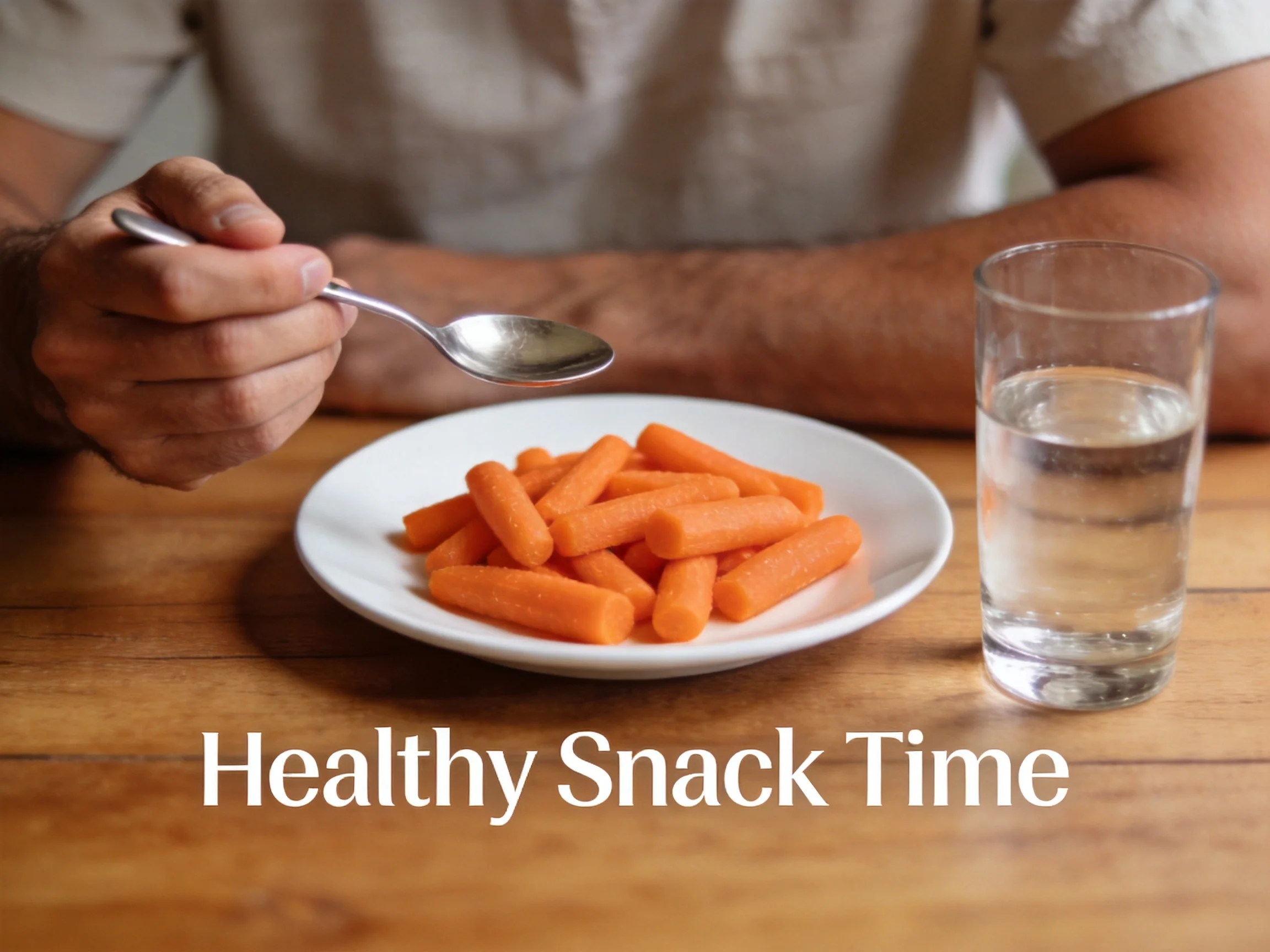 Person eating baby carrots with spoon, glass of water for healthy snack