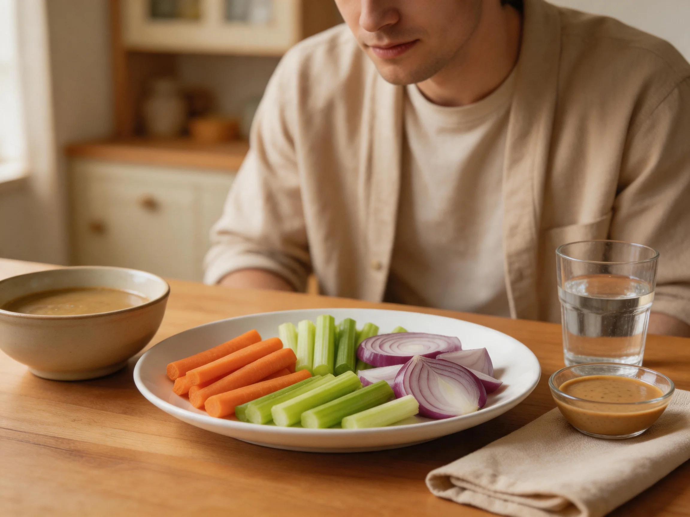 Person enjoys vegetable platter with dips and water on wooden table