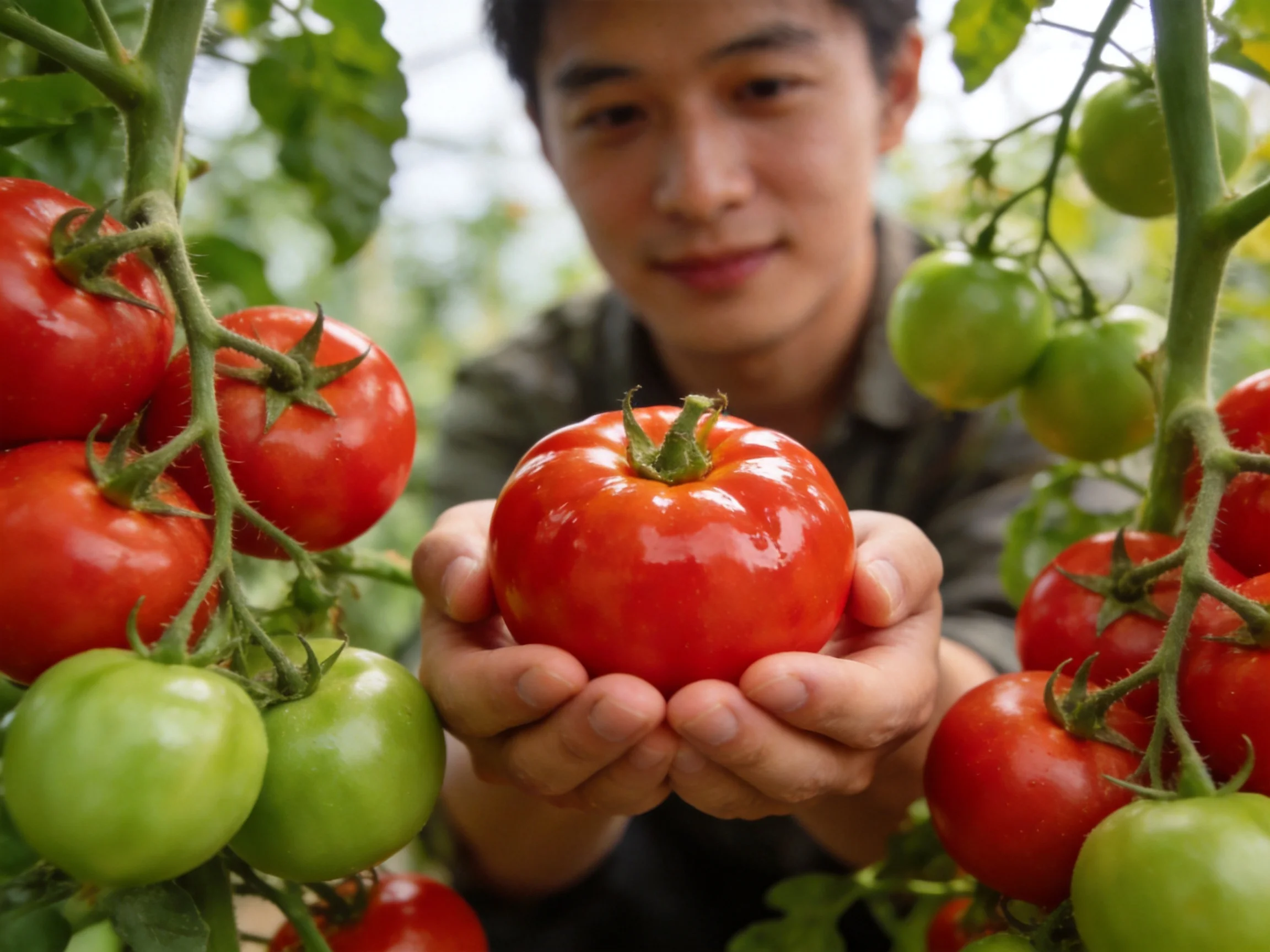 Person holding a large red tomato among red and green tomato vines