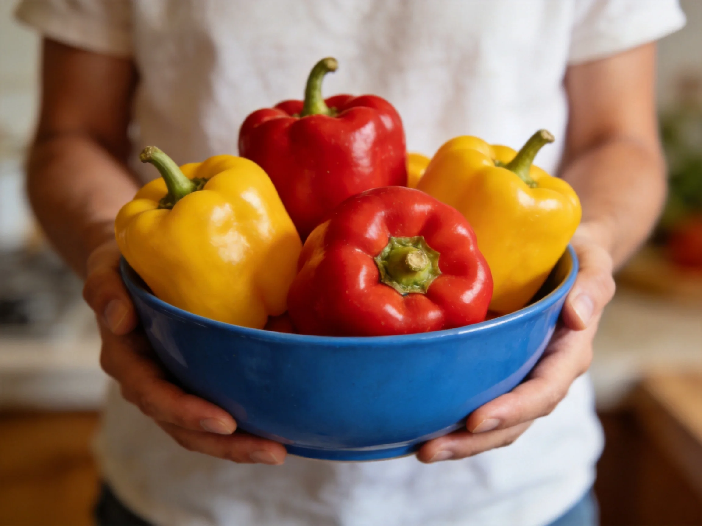 Person holding blue bowl with four colorful bell peppers