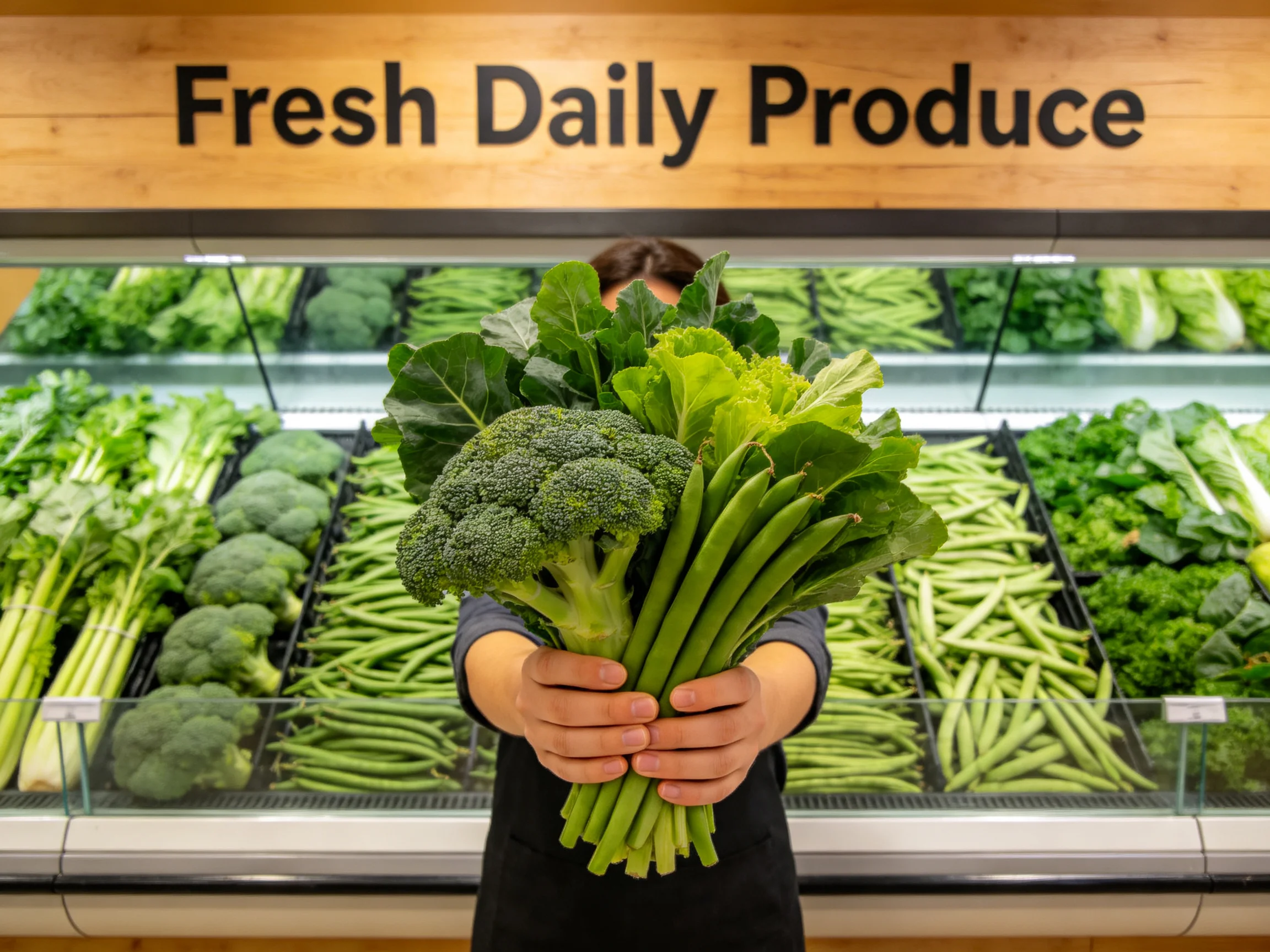 Person holds abundant fresh vegetable bouquet near Fresh Daily Produce sign