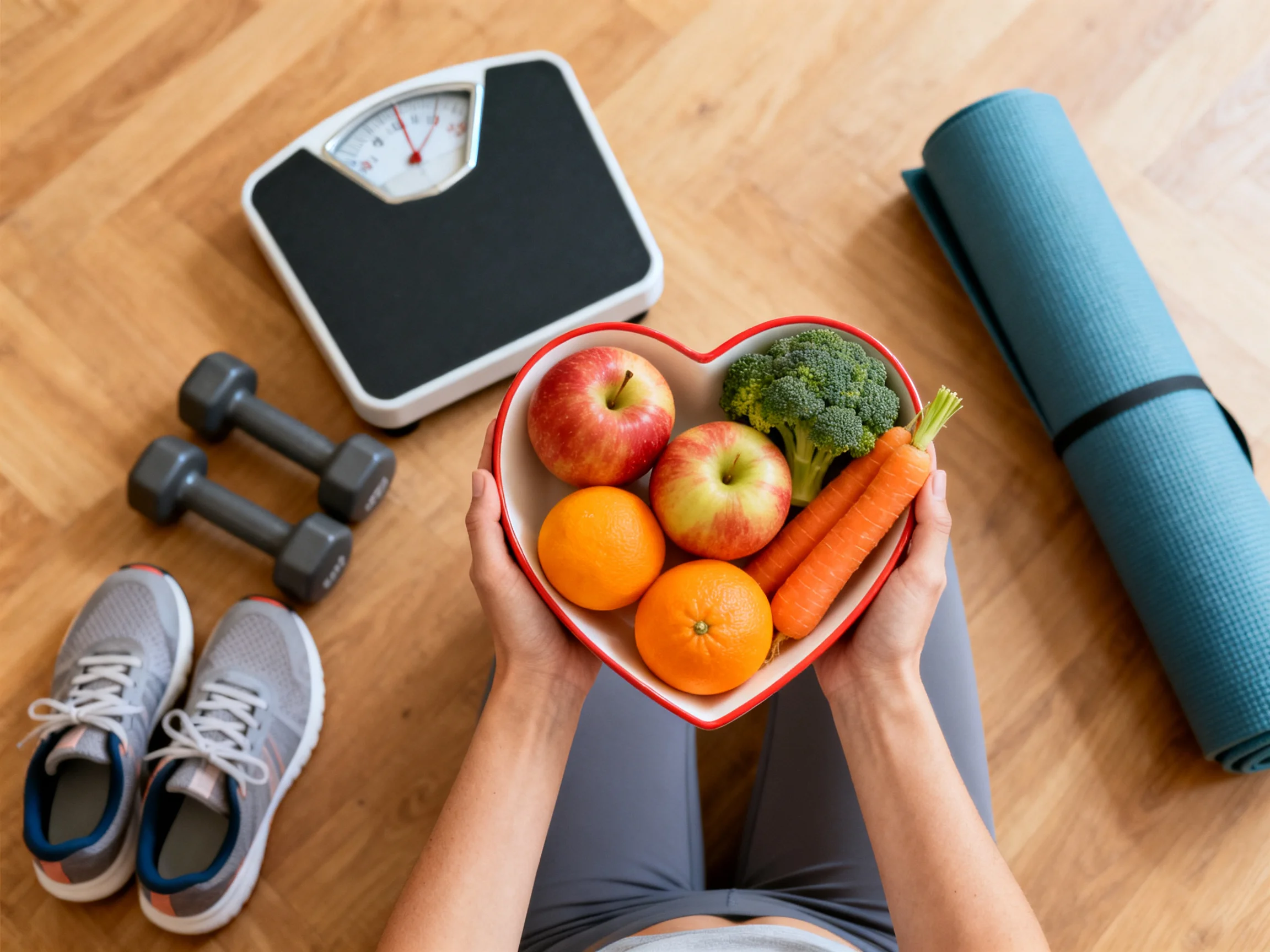 Person holds heart - shaped bowl of fruits and veggies near scales, dumbbells, yoga mat
