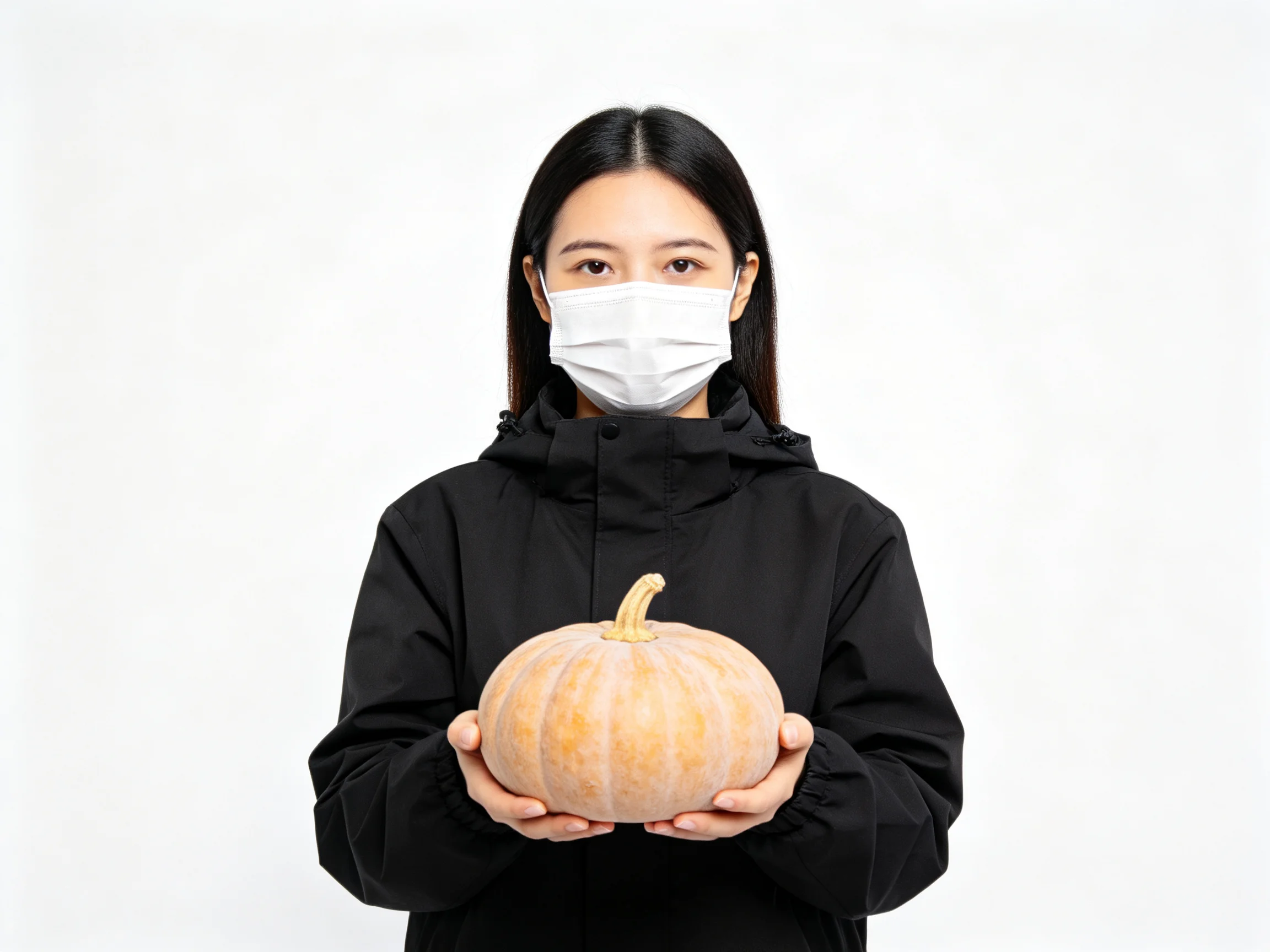 Person in black coat holds light orange pumpkin wearing white mask