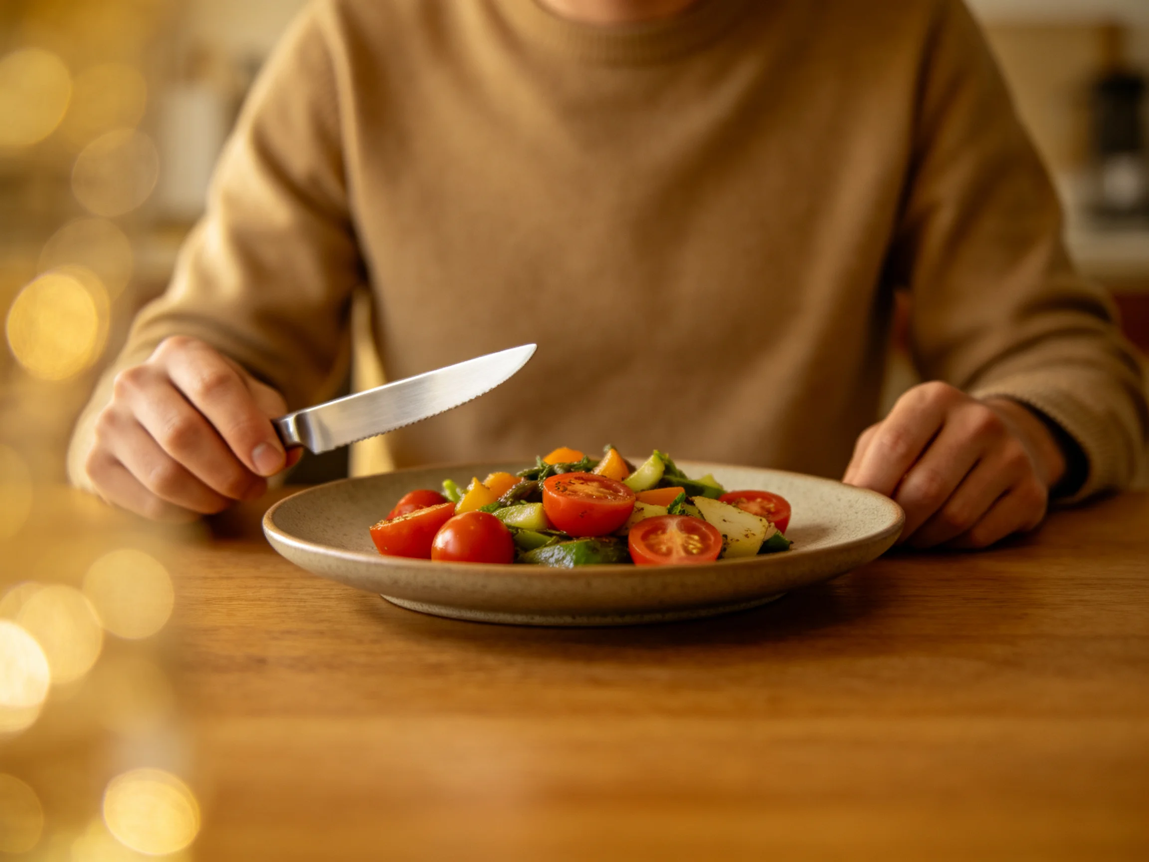 Person in brown long-sleeve shirt slicing colorful vegetable salad on wooden table