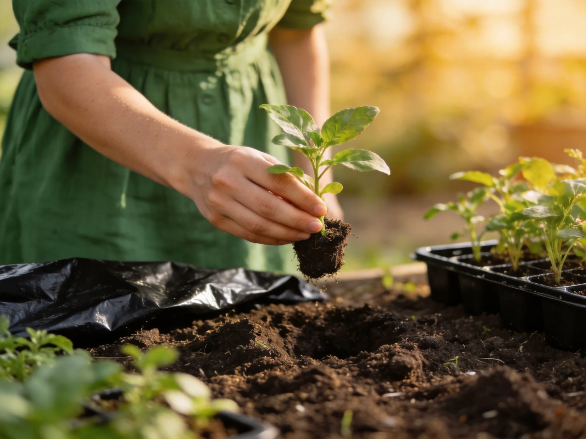 Person planting seedling in garden with freshly prepared soil
