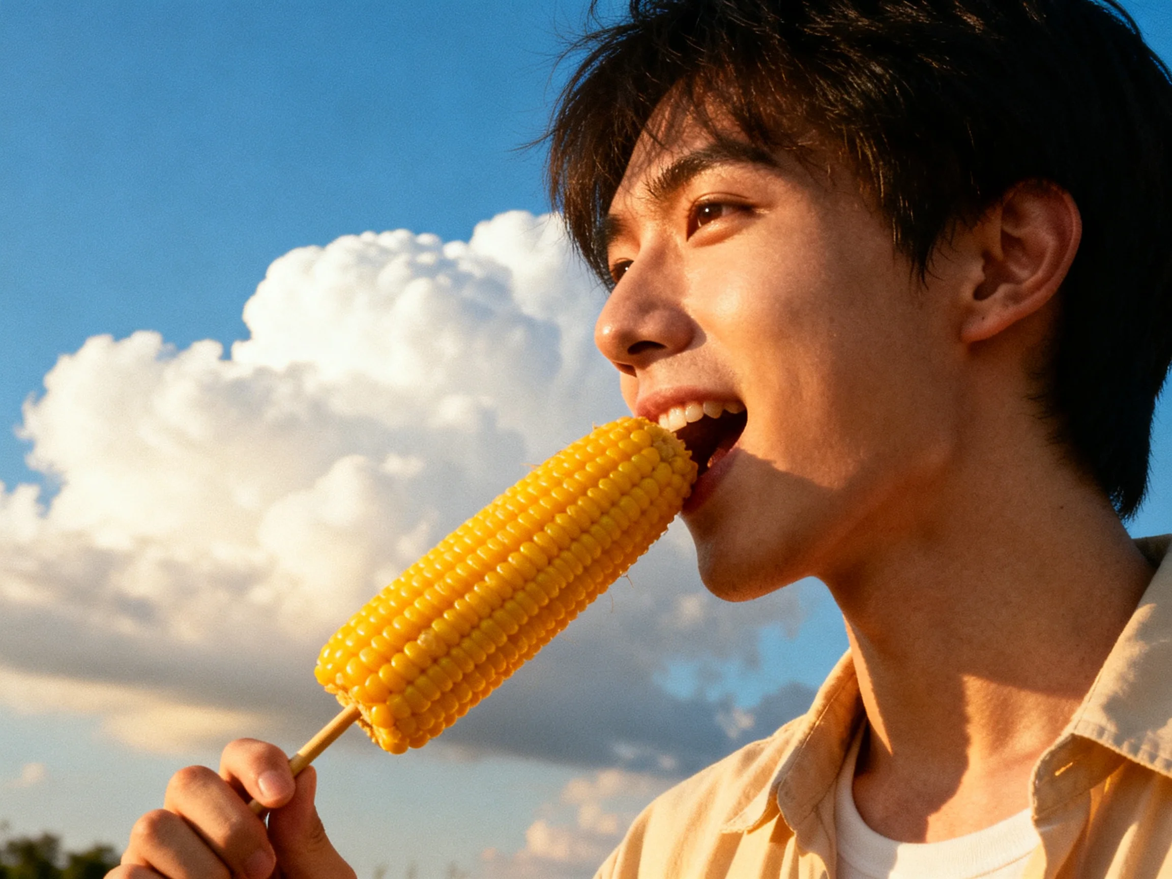 Person savoring yellowcorn on cob amid bright blue sky and large white clouds