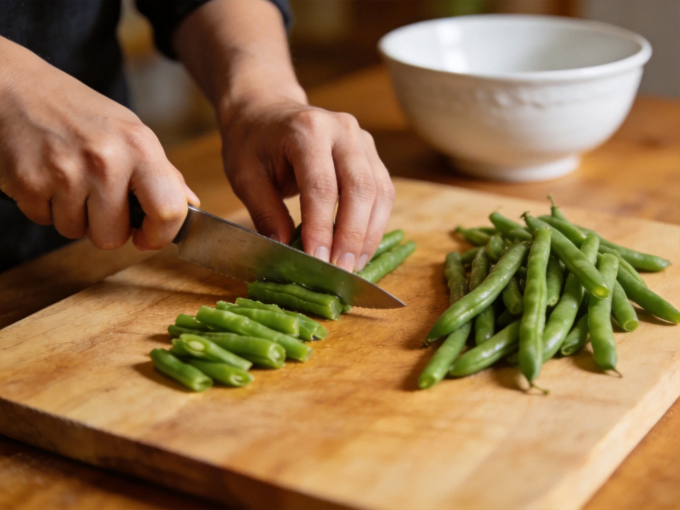 Person slicing fresh green beans on a wooden cutting board with a white bowl nearby