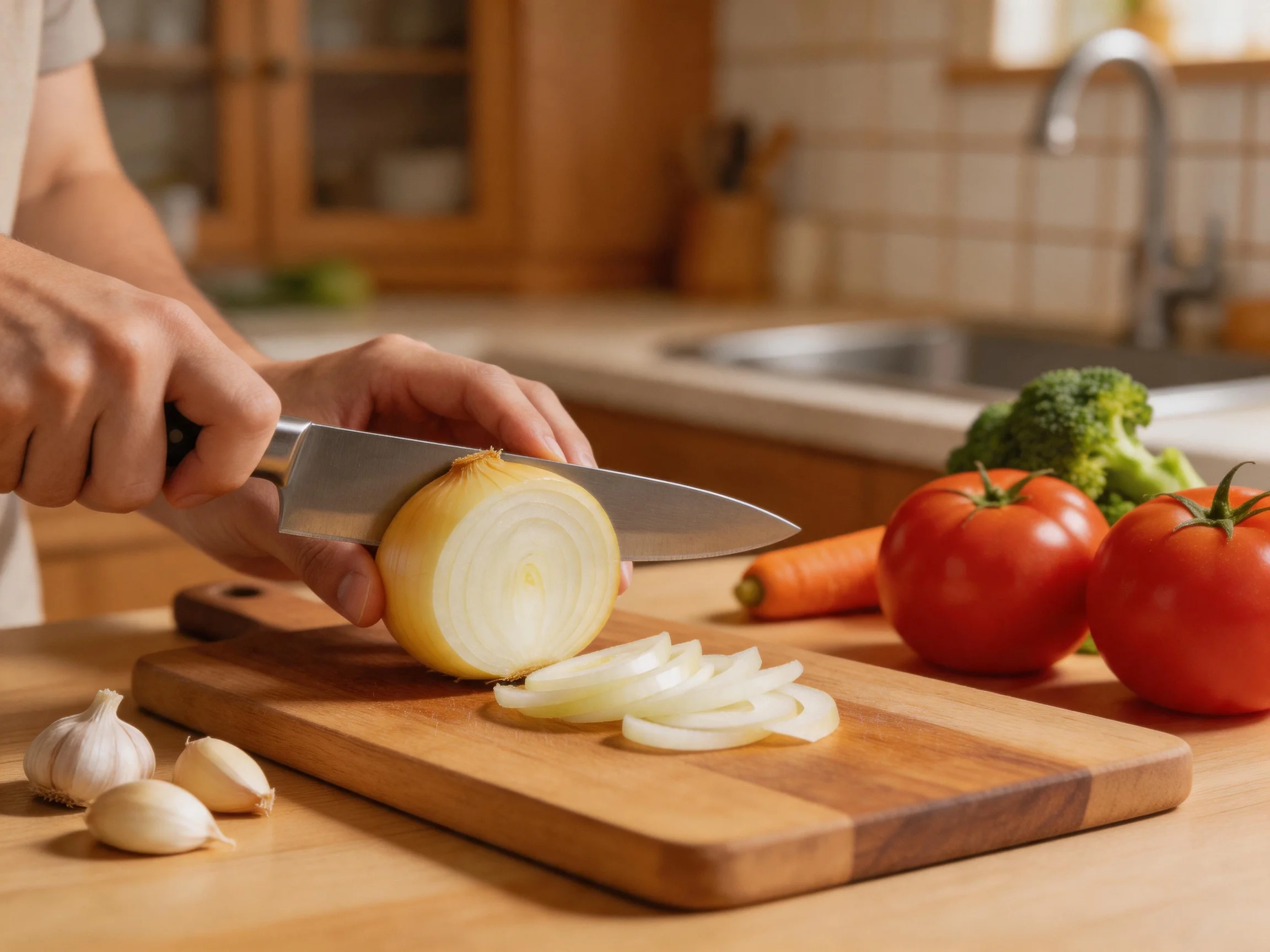 Person slicing onion on wooden cutting board with tomatoes and broccoli, and garlic nearby