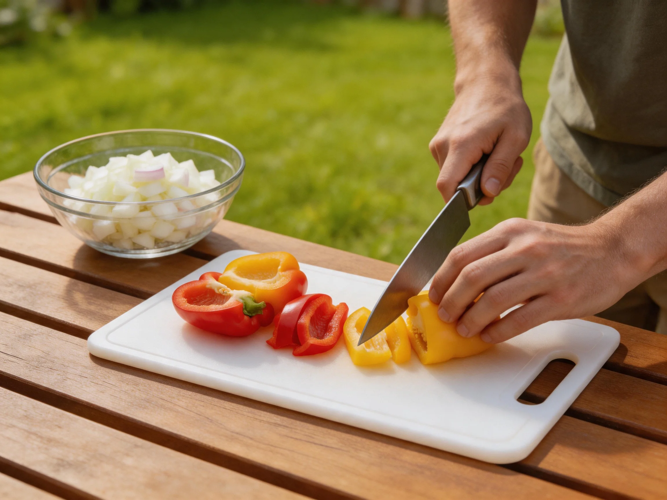Person slicing red, yellow, orange bell peppers beside diced onions on a wooden table