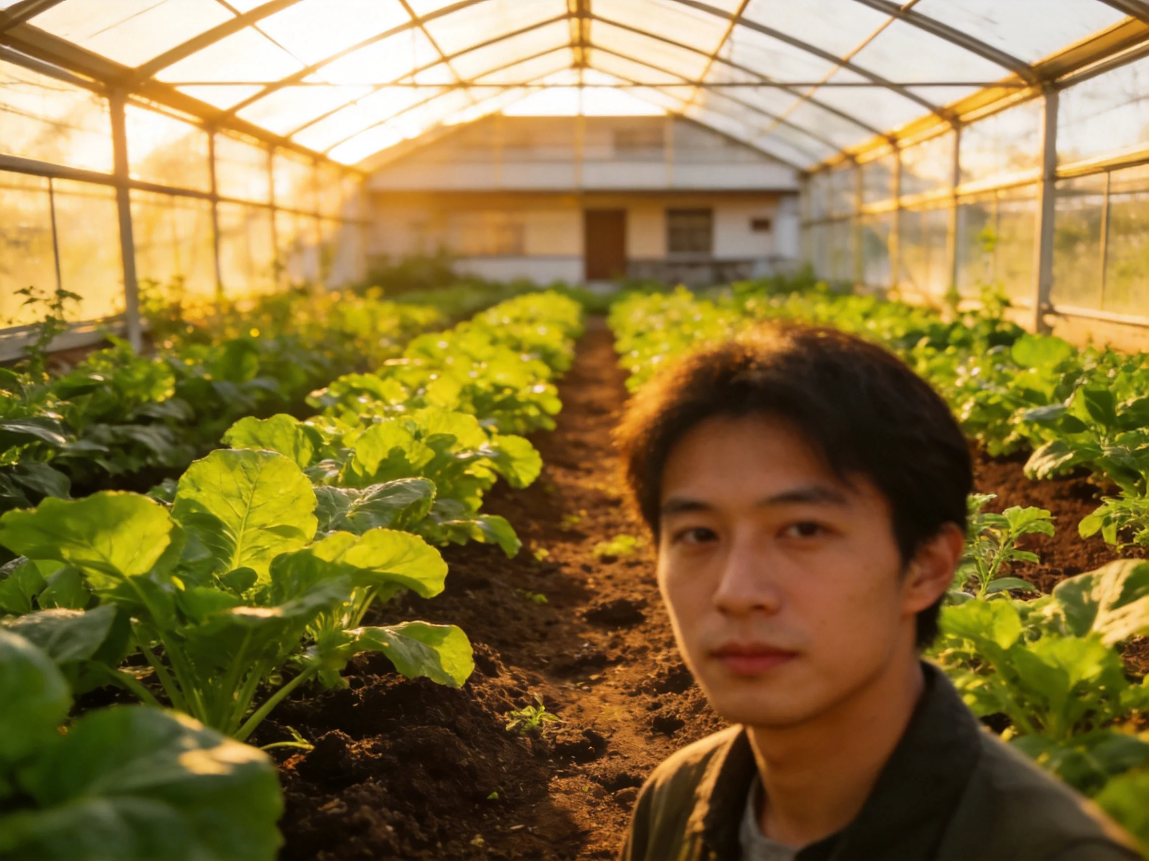 Person standing among rows of vibrant green plants in a sunlit greenhouse