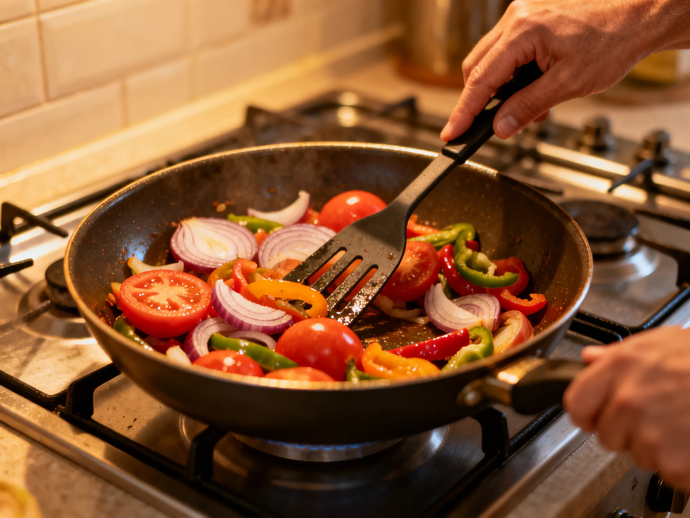 Person stir-frying colorful vegetables in a skillet