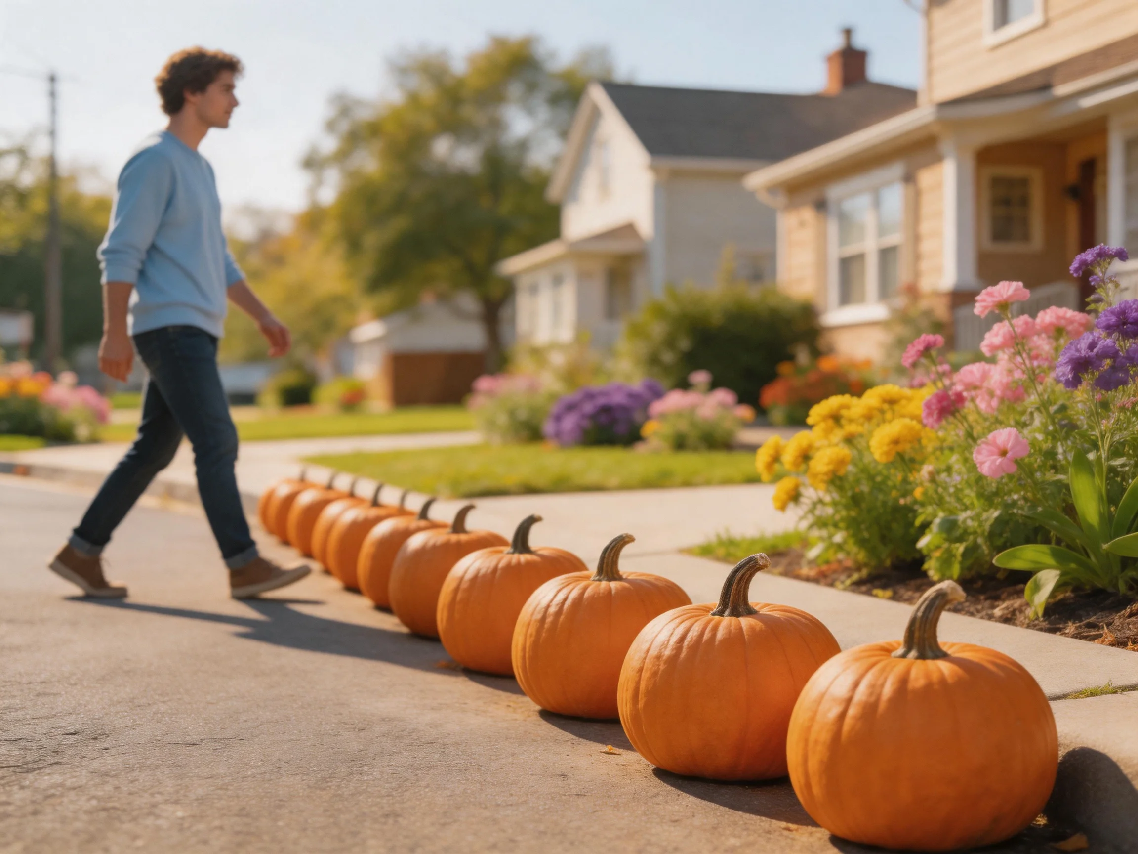 Person walking past a long row of bright orange pumpkins near suburban homes