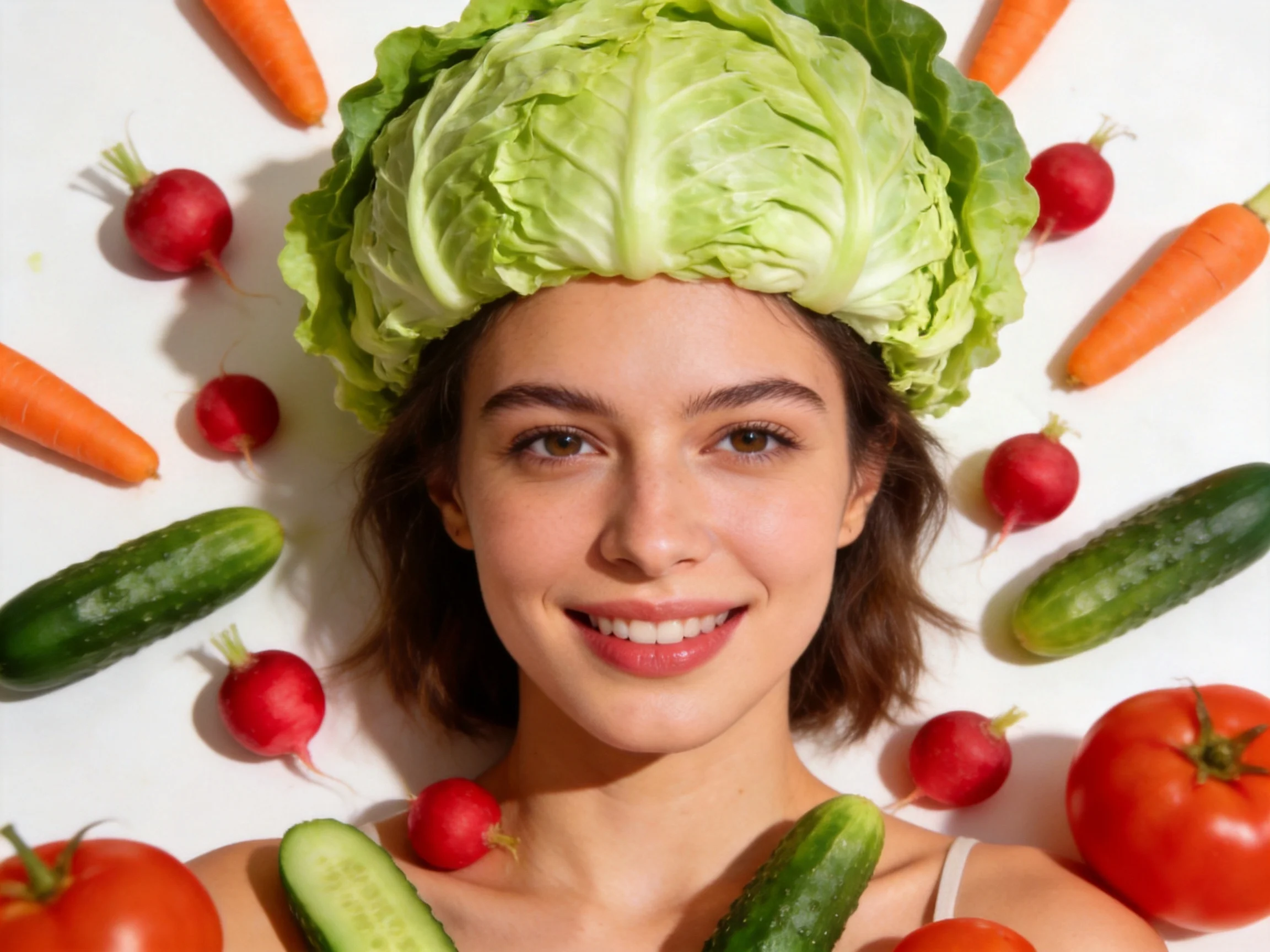 Person wearing cabbage hat surrounded by carrots, radishes, cucumbers, tomatoes