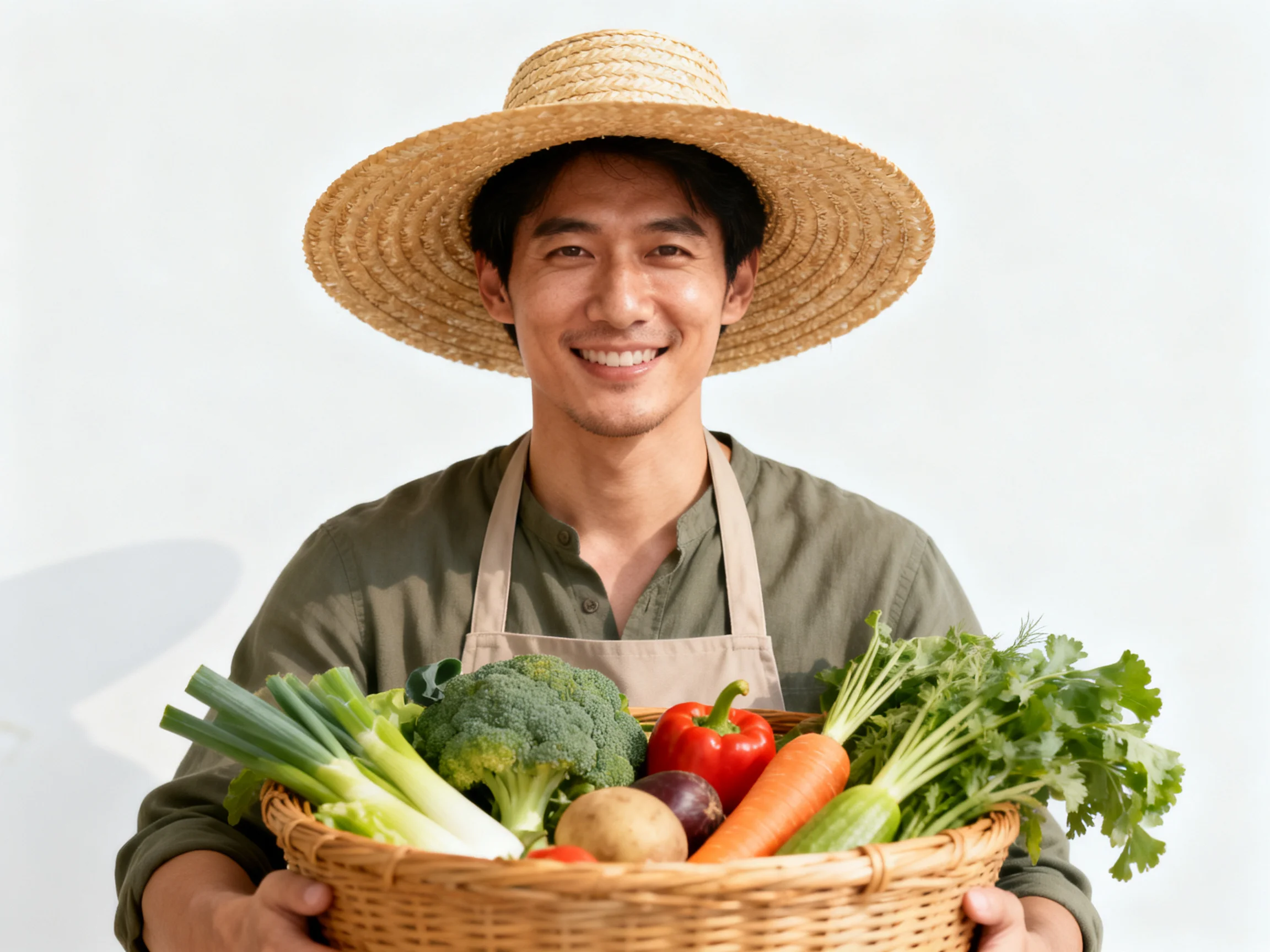 Person wearing straw hat holding basket of colorful fresh vegetables