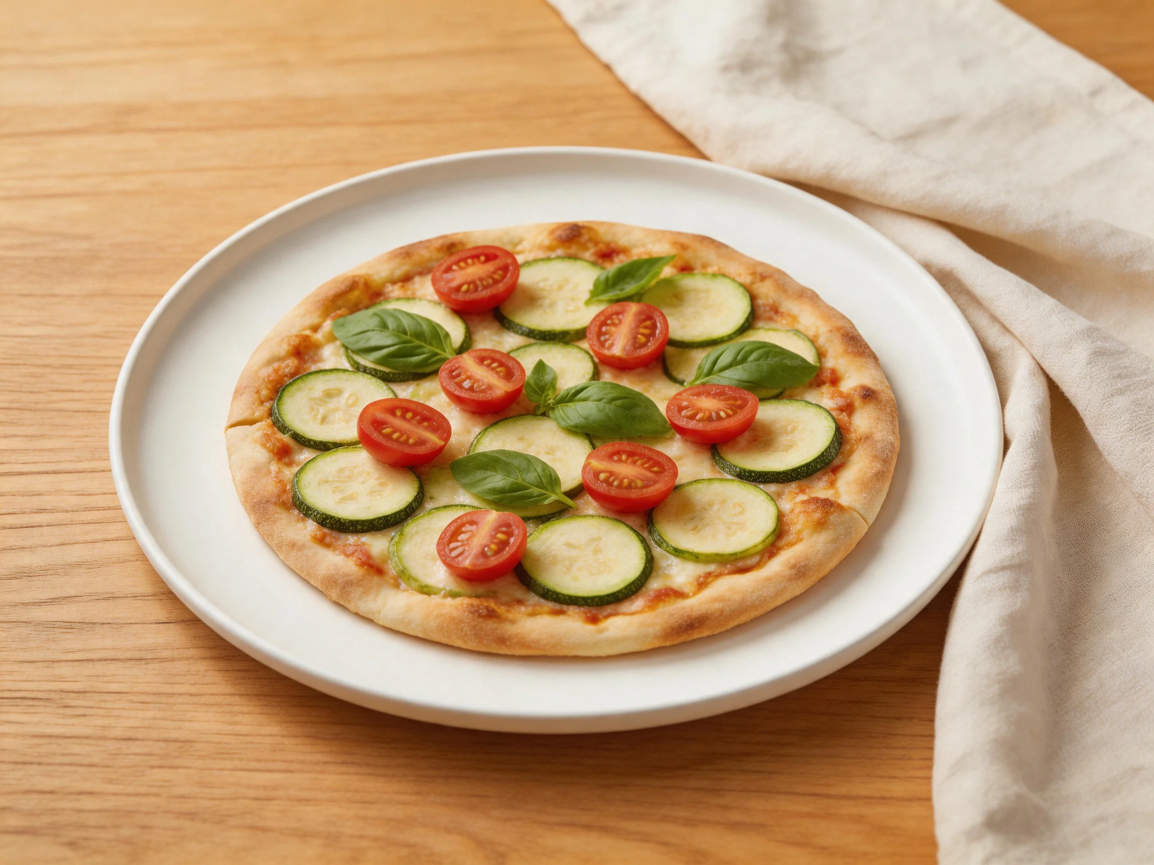 A personal-sized veggie pizza with zucchini, tomatoes, and basil served on a white plate.
