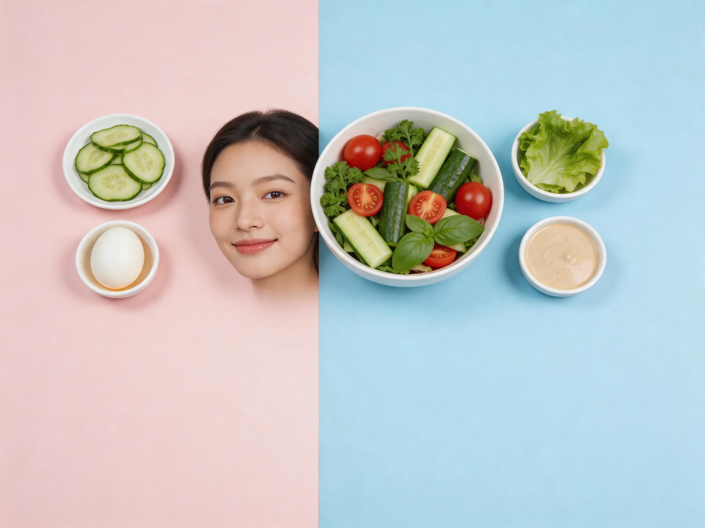 Pink and blue split background with bowls of food and a mixed vegetable salad