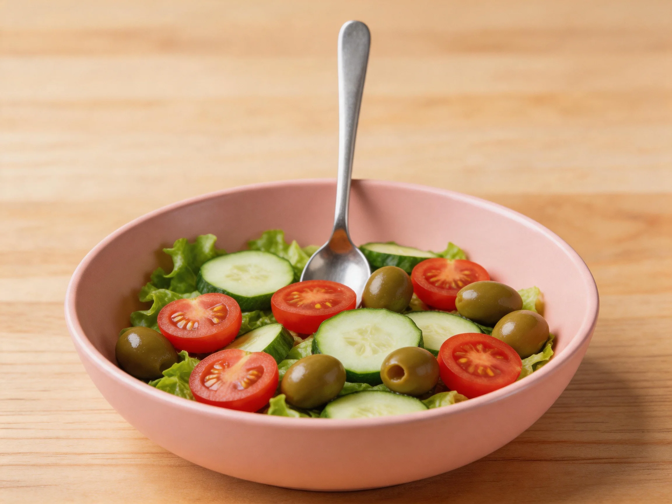 Pink bowl with mixed salad featuring cherry tomatoes, cucumbers, and green olives