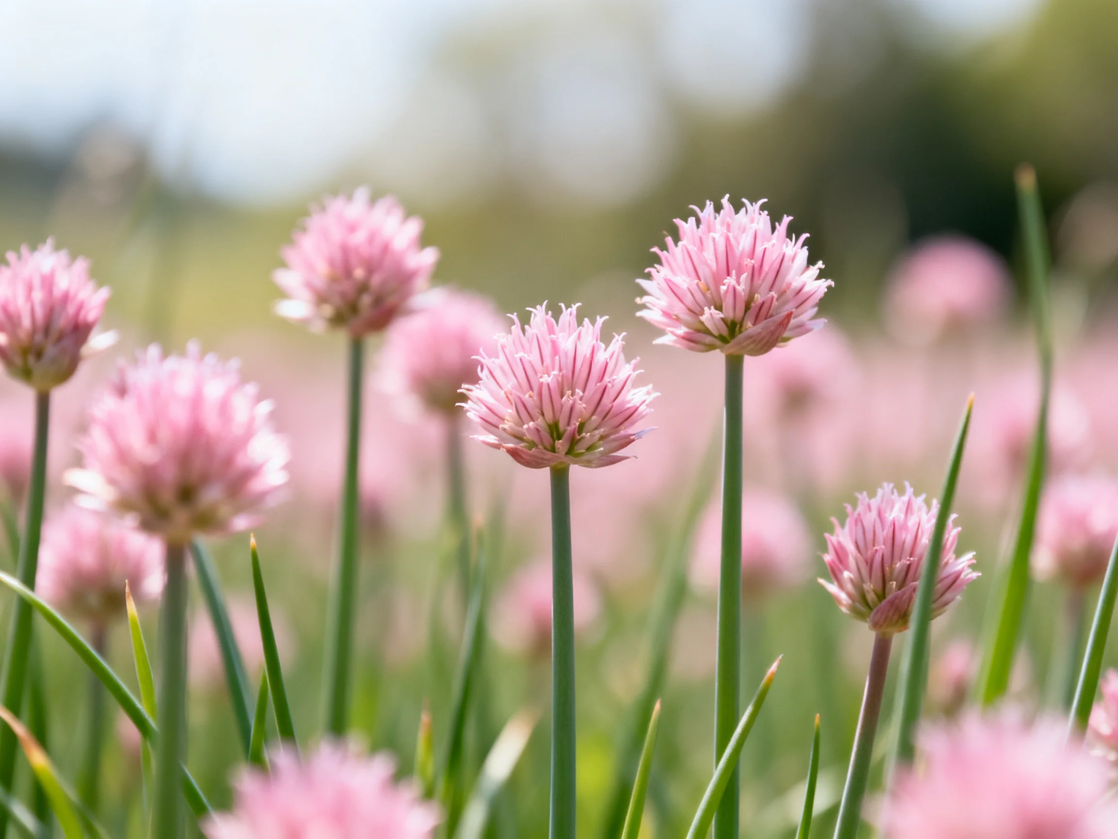 Pink chive flowers bloom in a sunlit garden