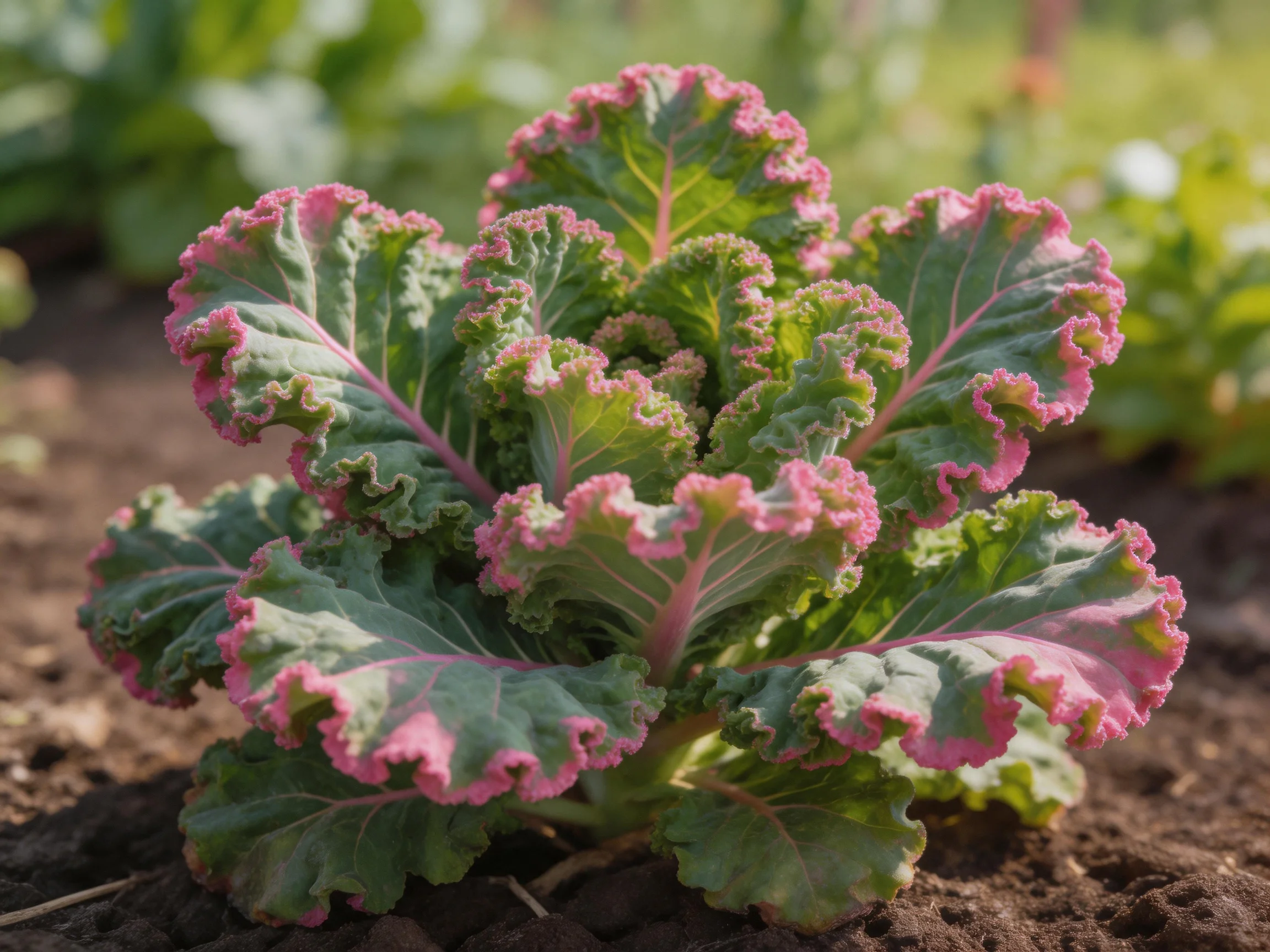 Pink-edged ornamental kale plant growing in garden soil