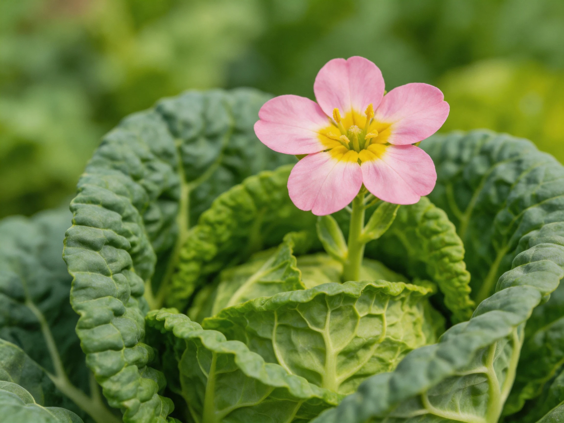 Pink five - petaled flower amid large crinkled green leaves