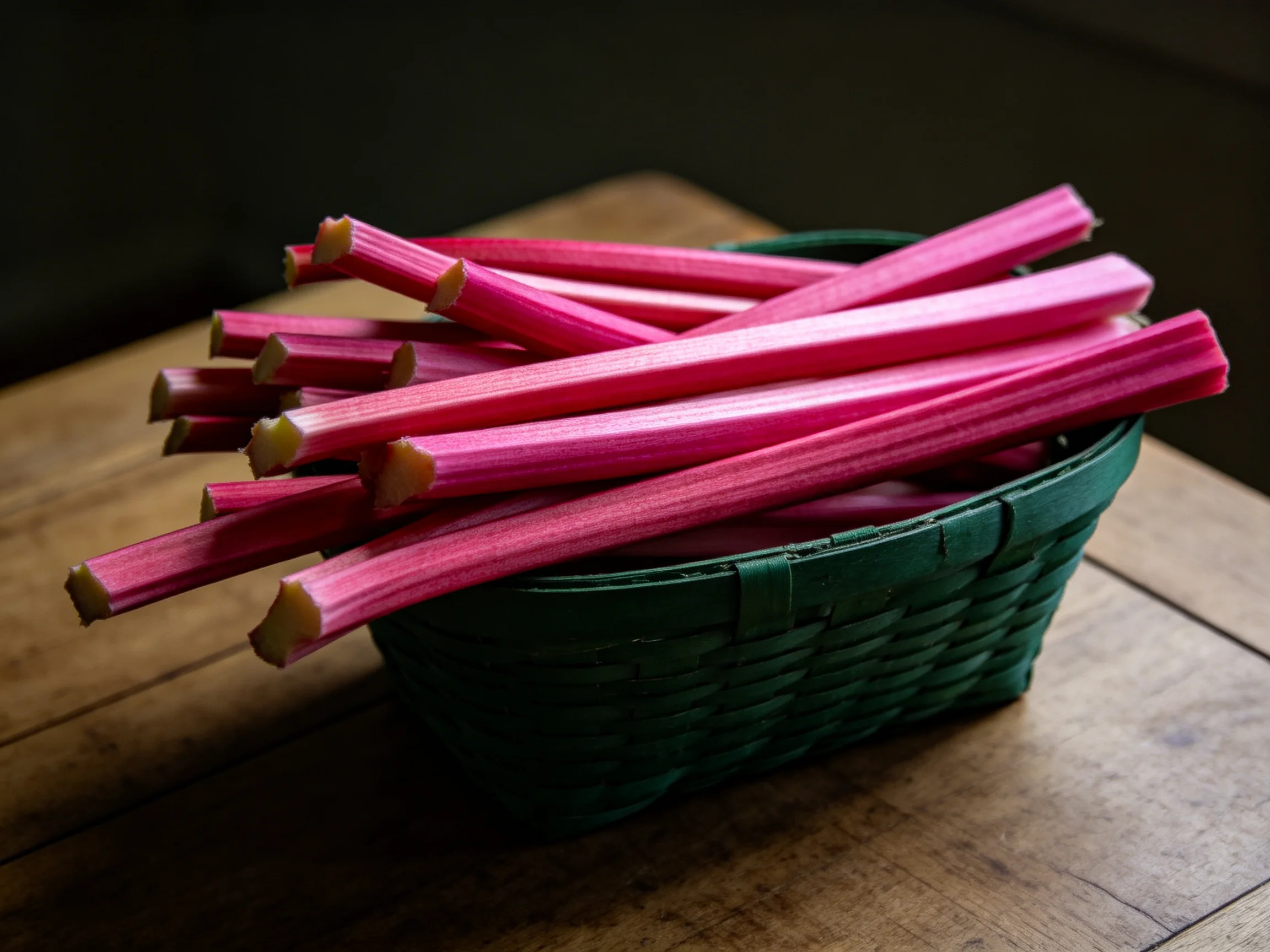 Pink rhubarb stalks in a dark green woven basket on a wooden table