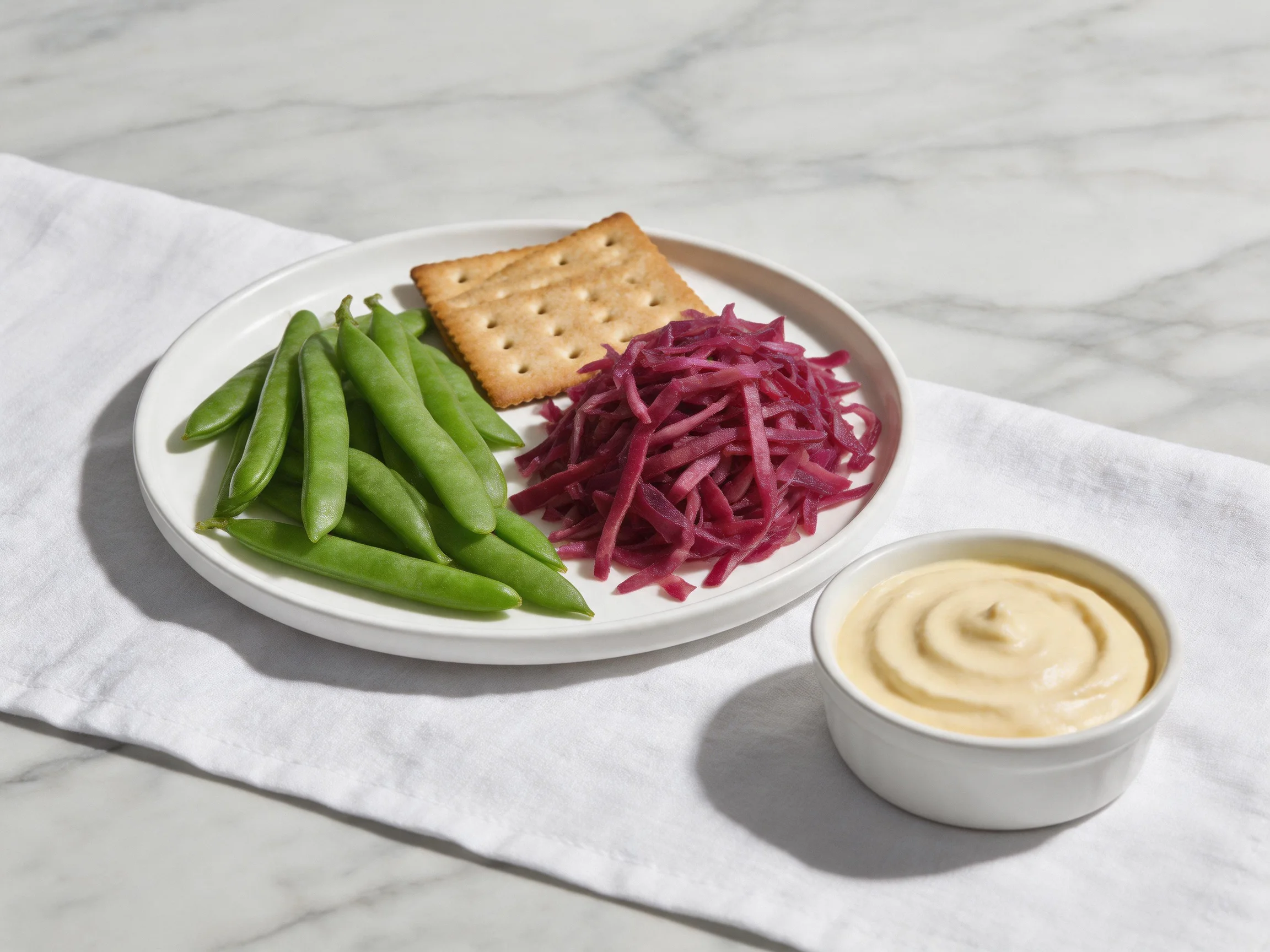 Plate with snap peas, shredded red cabbage, cracker, and dip on white cloth over marble.