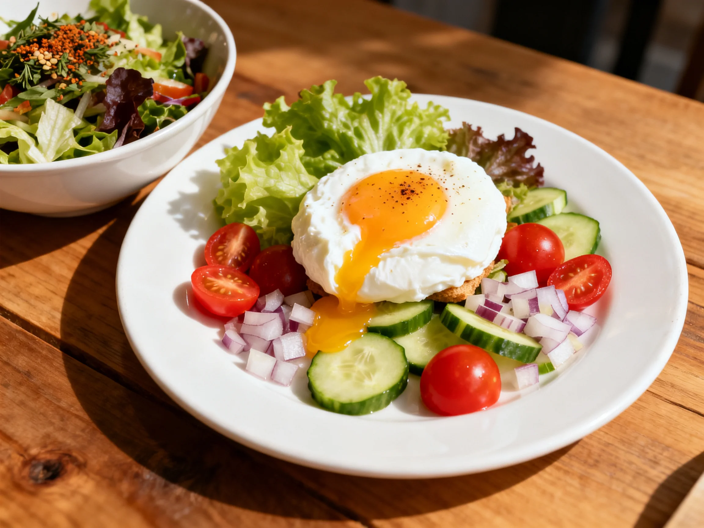 Poached egg dish with fresh vegetables and side salad on wooden table