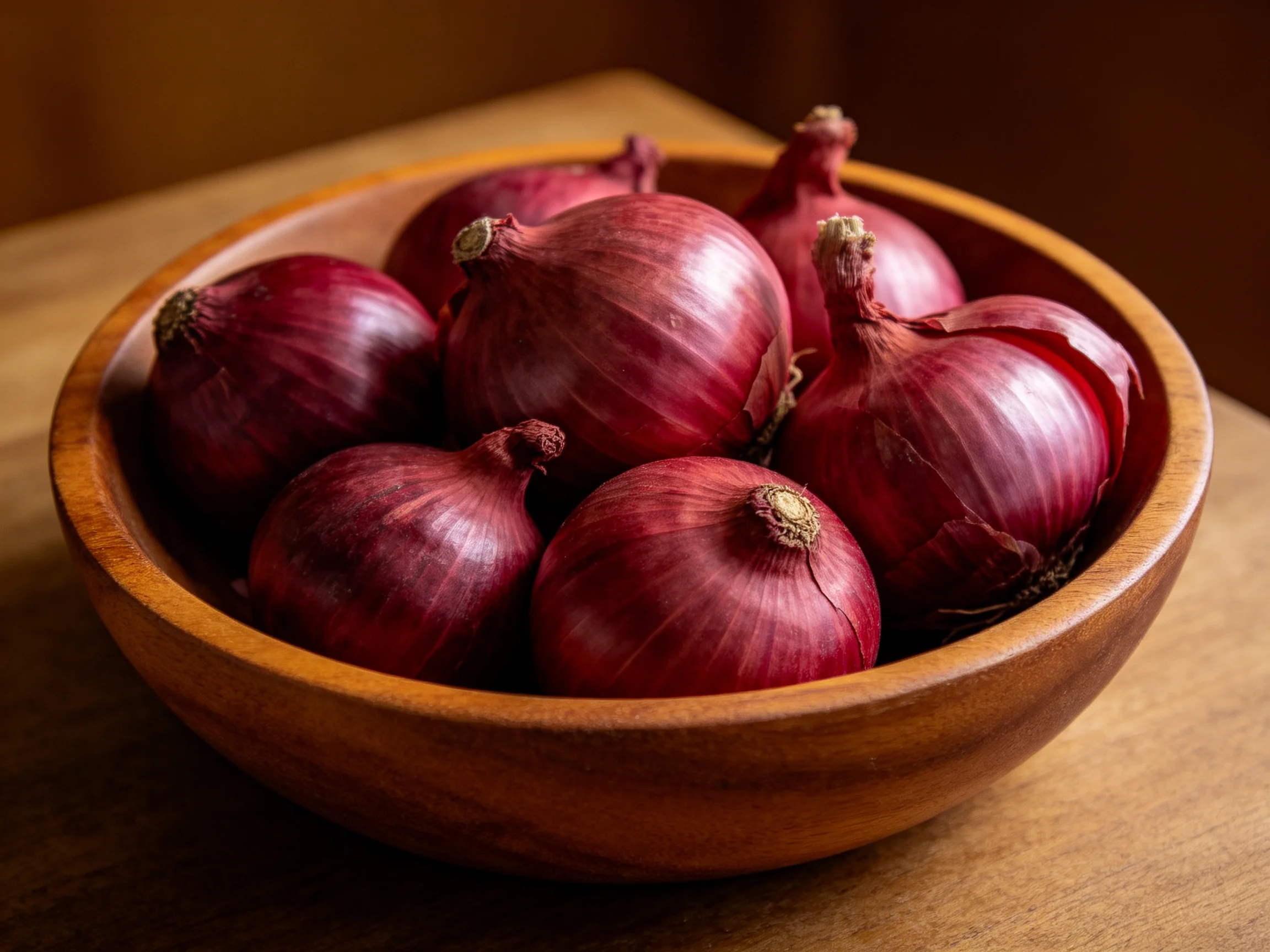 Polished wooden bowl filled with vibrant red onions