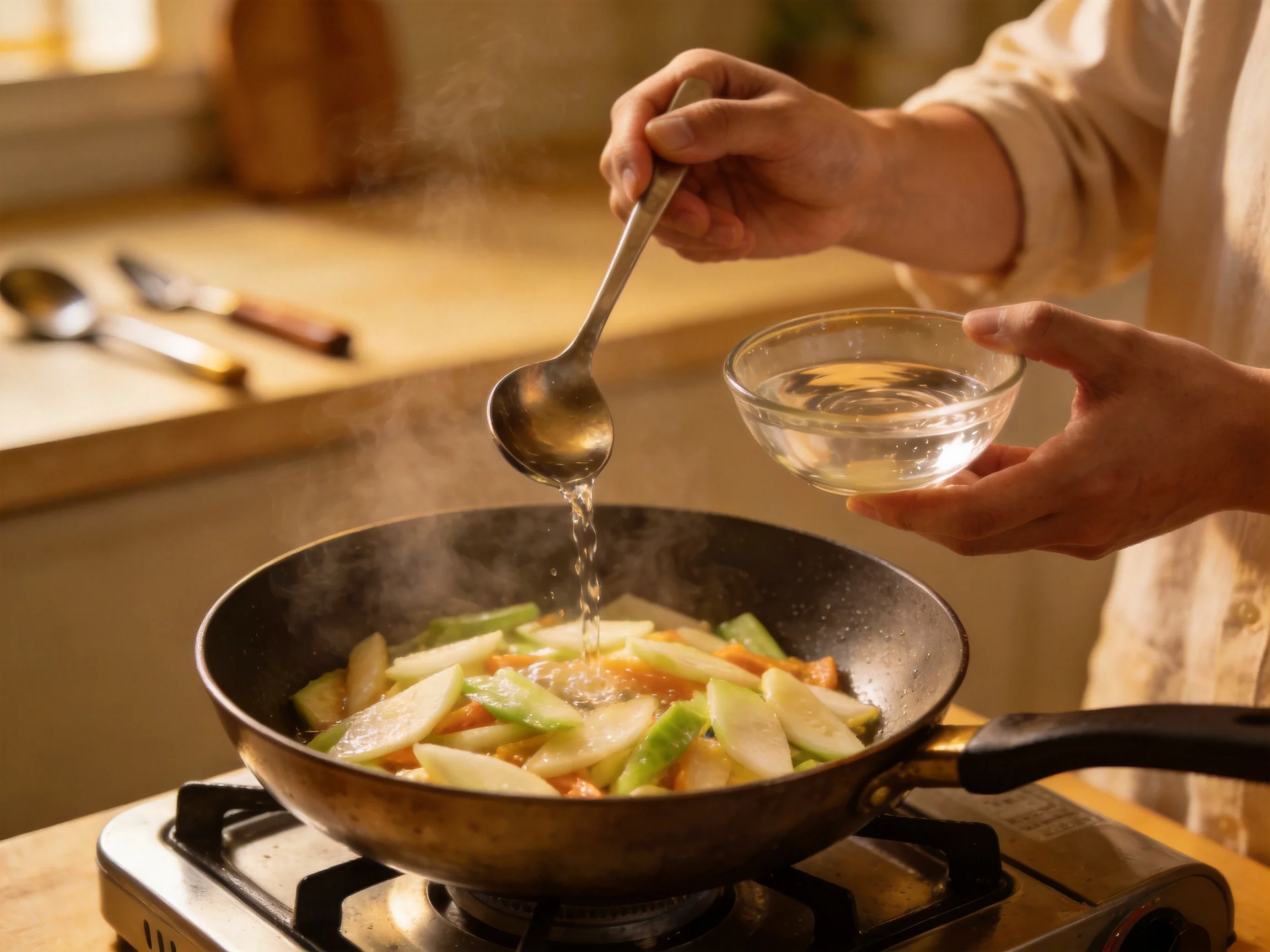 Pouring liquid over mixed vegetables in a home kitchen