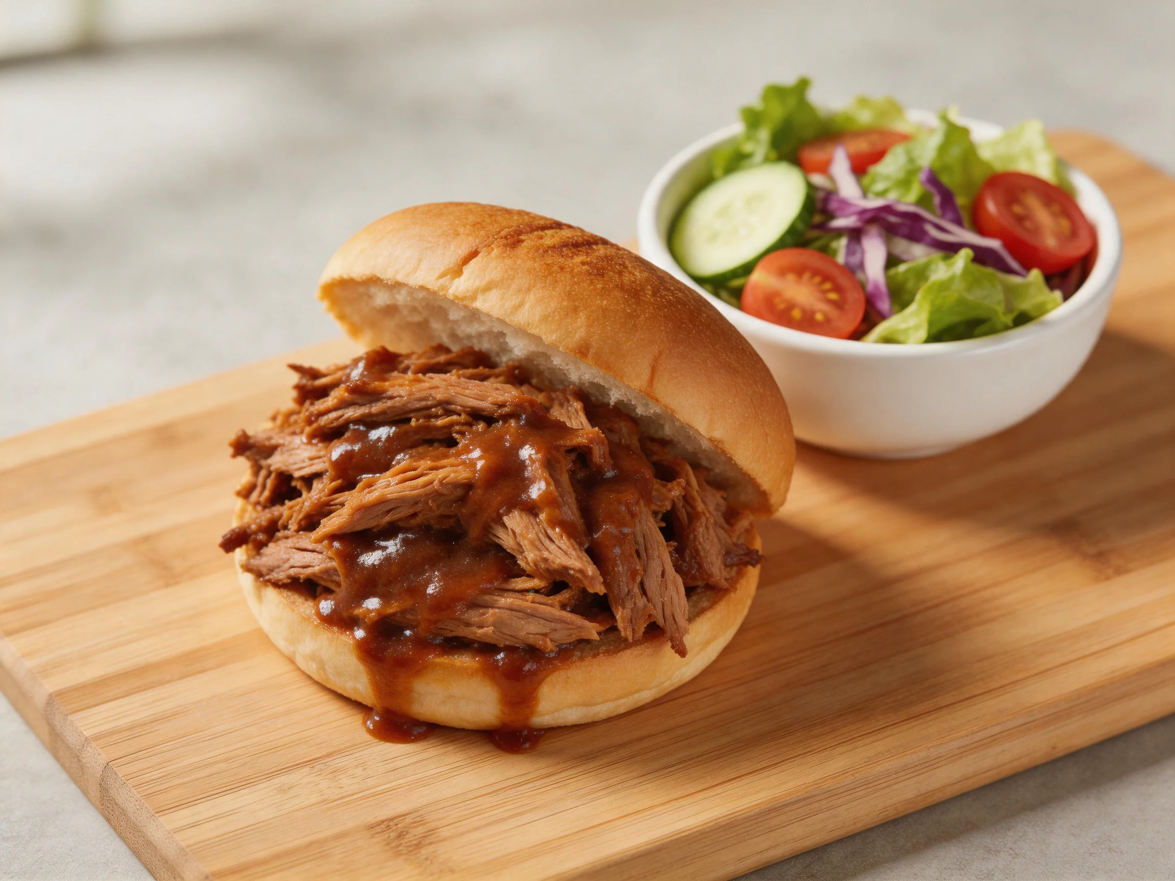 Pulled Pork Sandwich with Barbecue Sauce Next to Mixed Green Salad