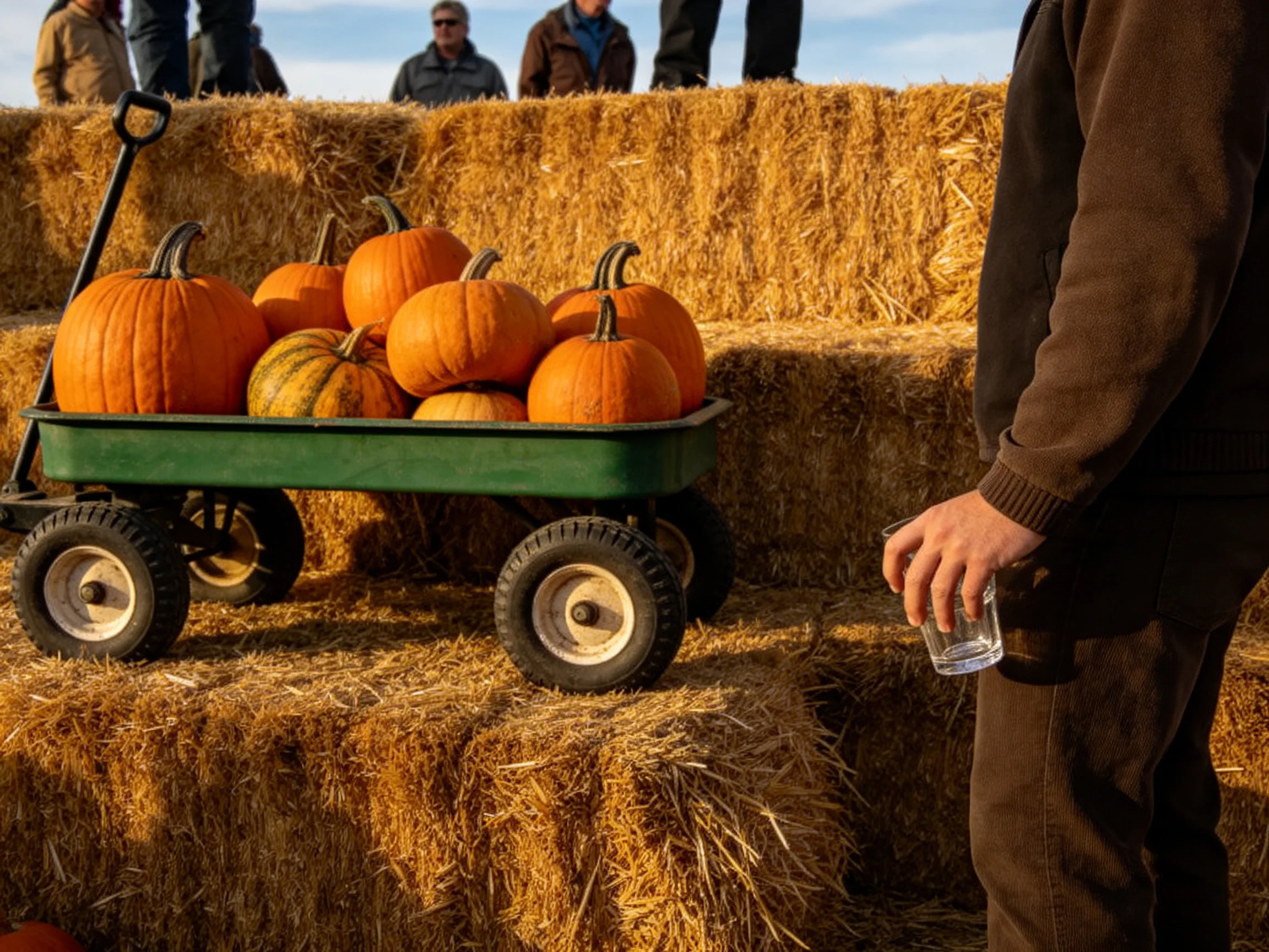 Pumpkins in green wagon atop stacked hay bales with spectators