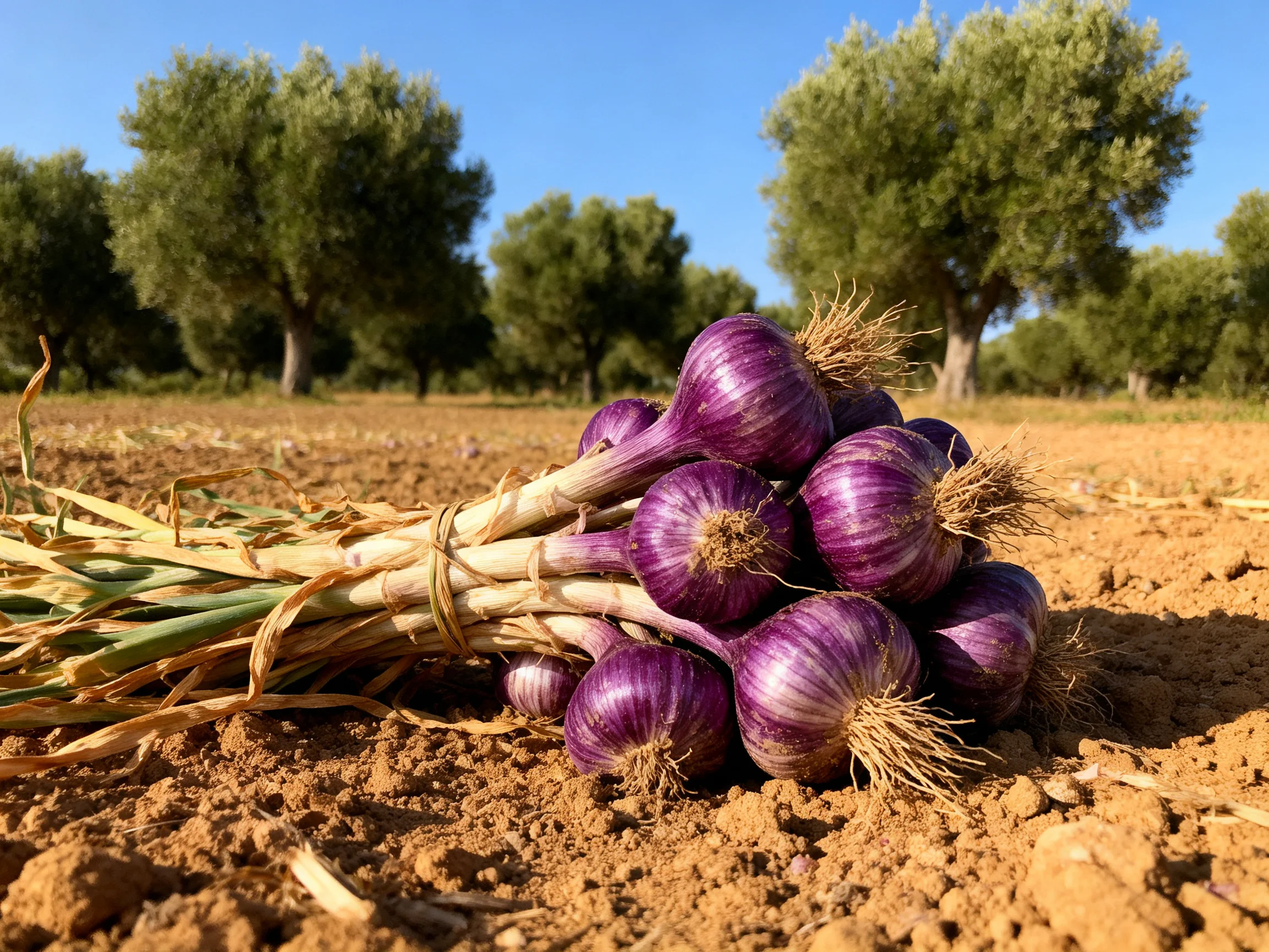 Purple Garlic Bundles Resting on Dry Agricultural Field Soil Near Olive Trees