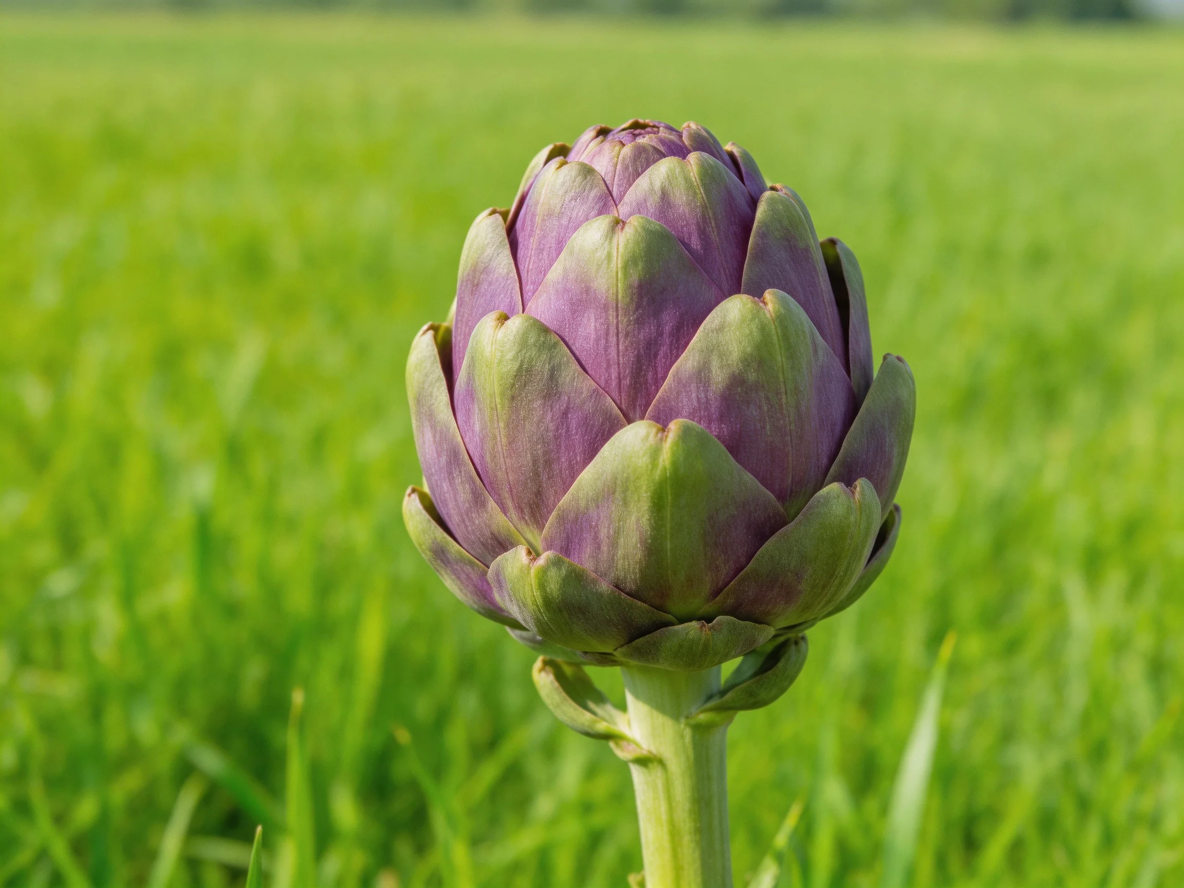 Purple and Green Artichoke Bud in Lush Green Field