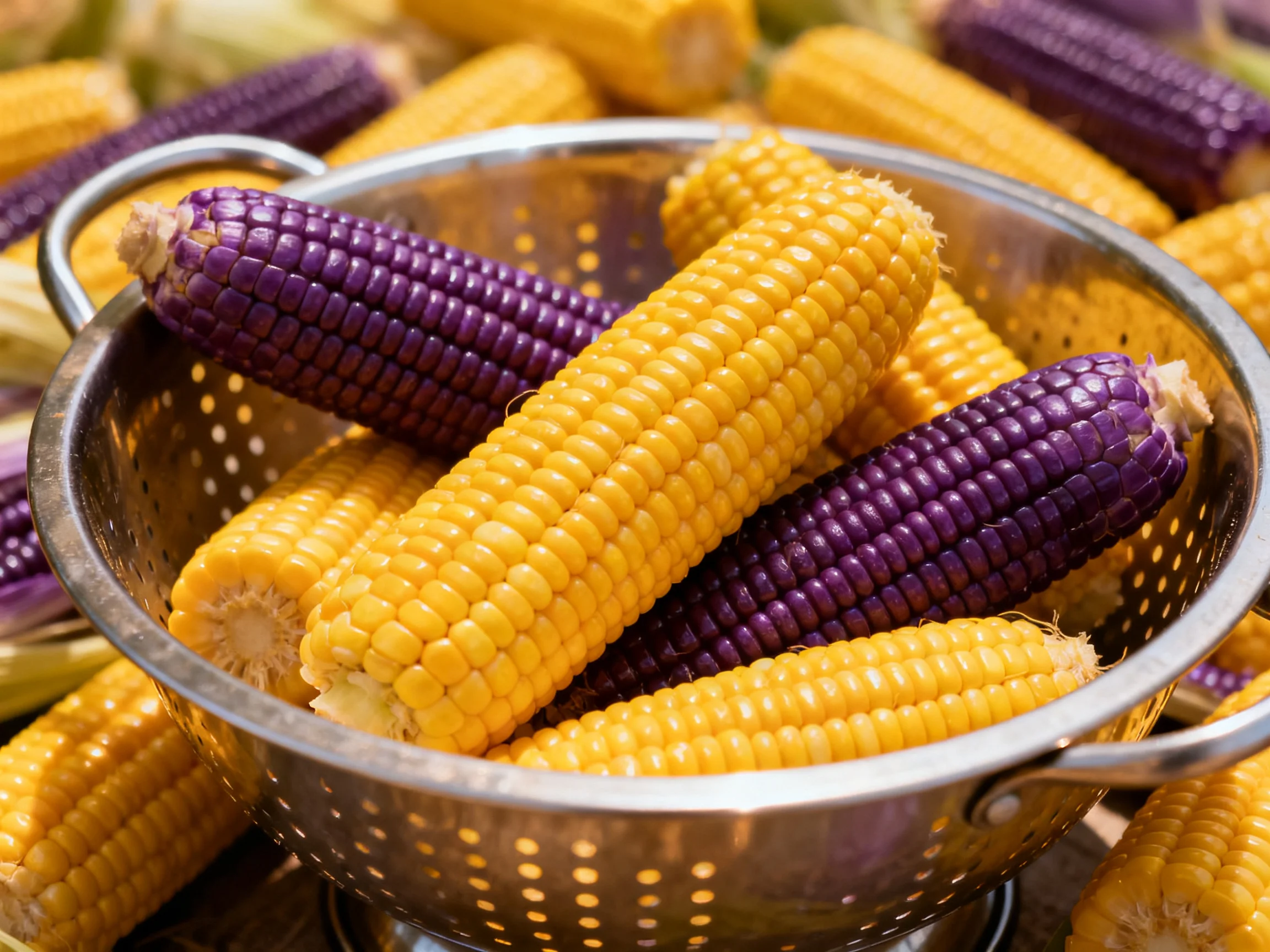 Purple and golden corn cobs arranged in a metallic colander