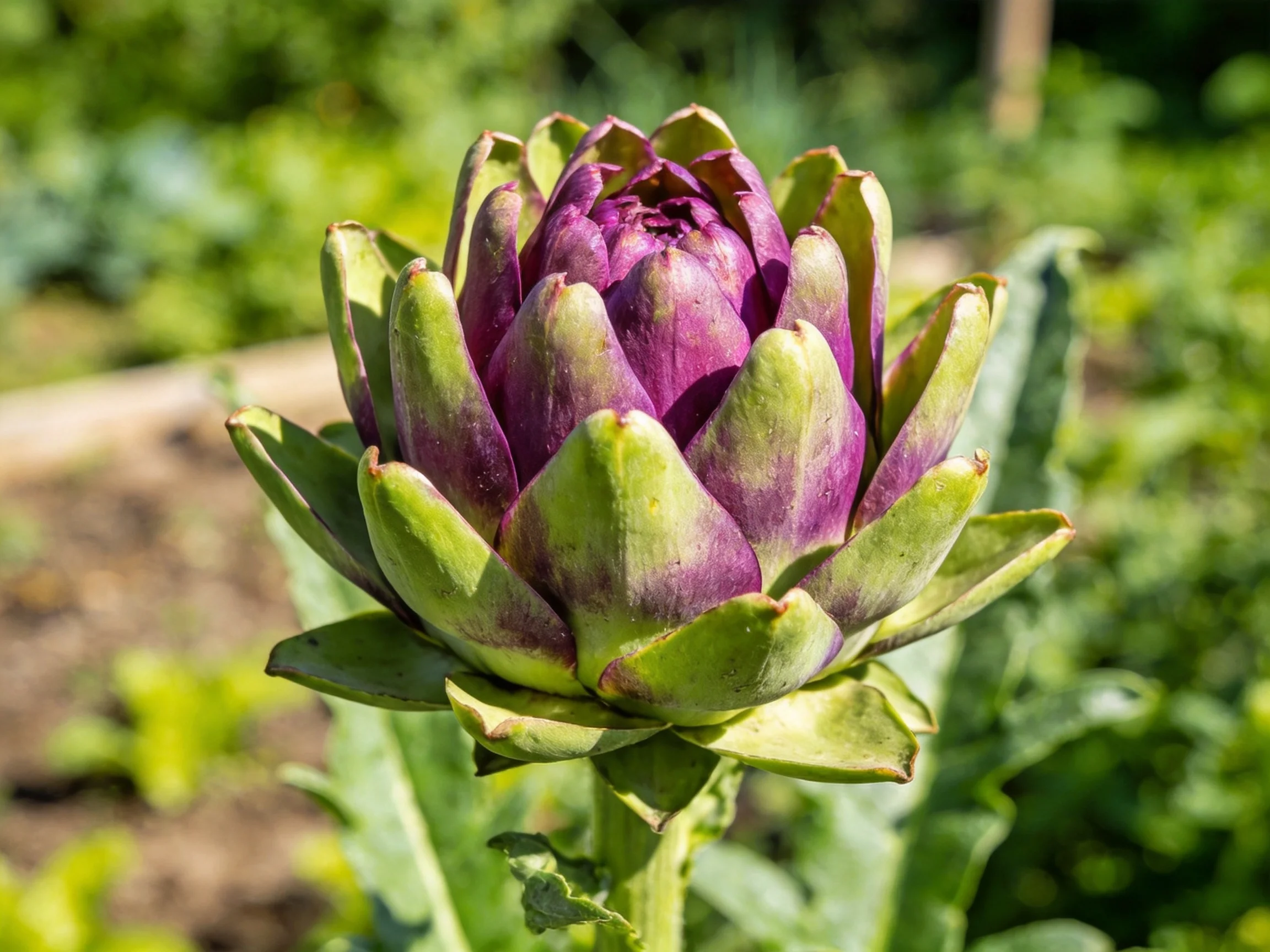 Purple and green artichoke bud in sunlit garden setting
