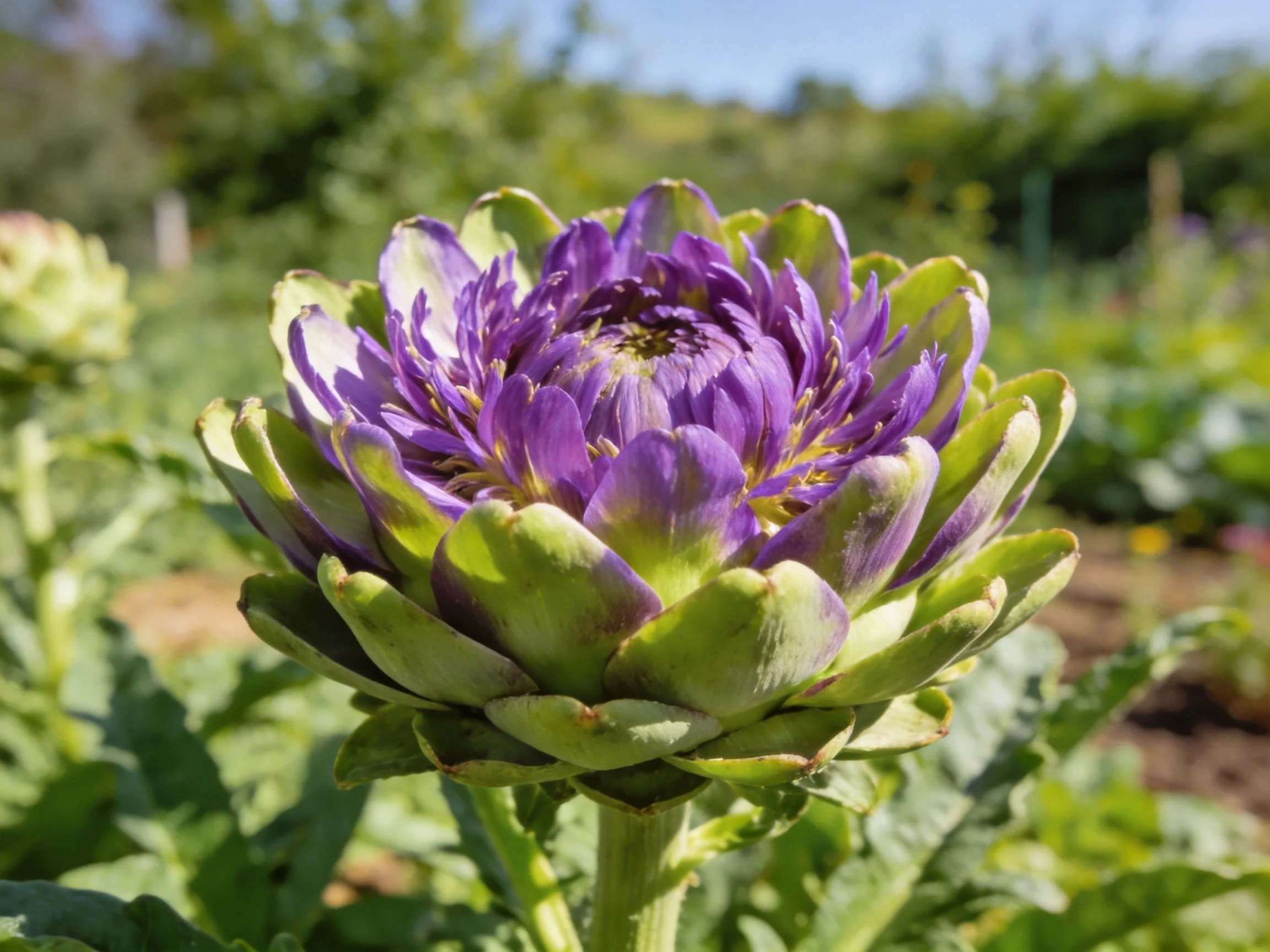 Purple artichoke bloom with green foliage in sunny garden setting
