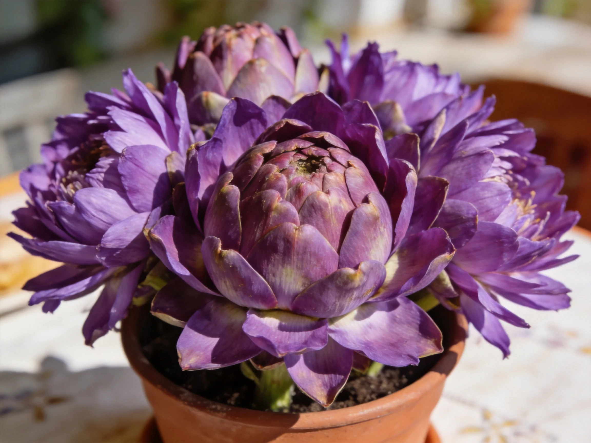 Purple artichoke blooms arranged in a terracotta pot on an outdoor table