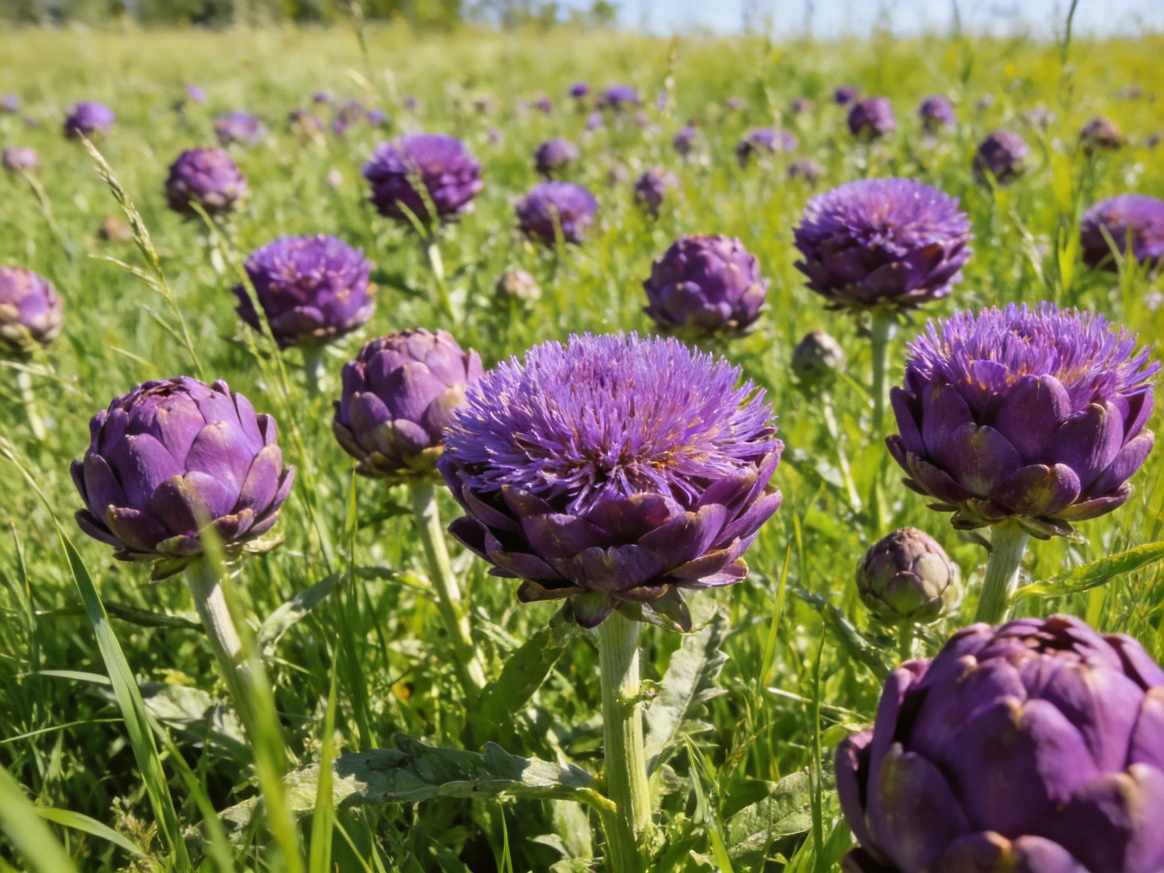 Purple artichoke blooms scattered throughout a lush green meadow