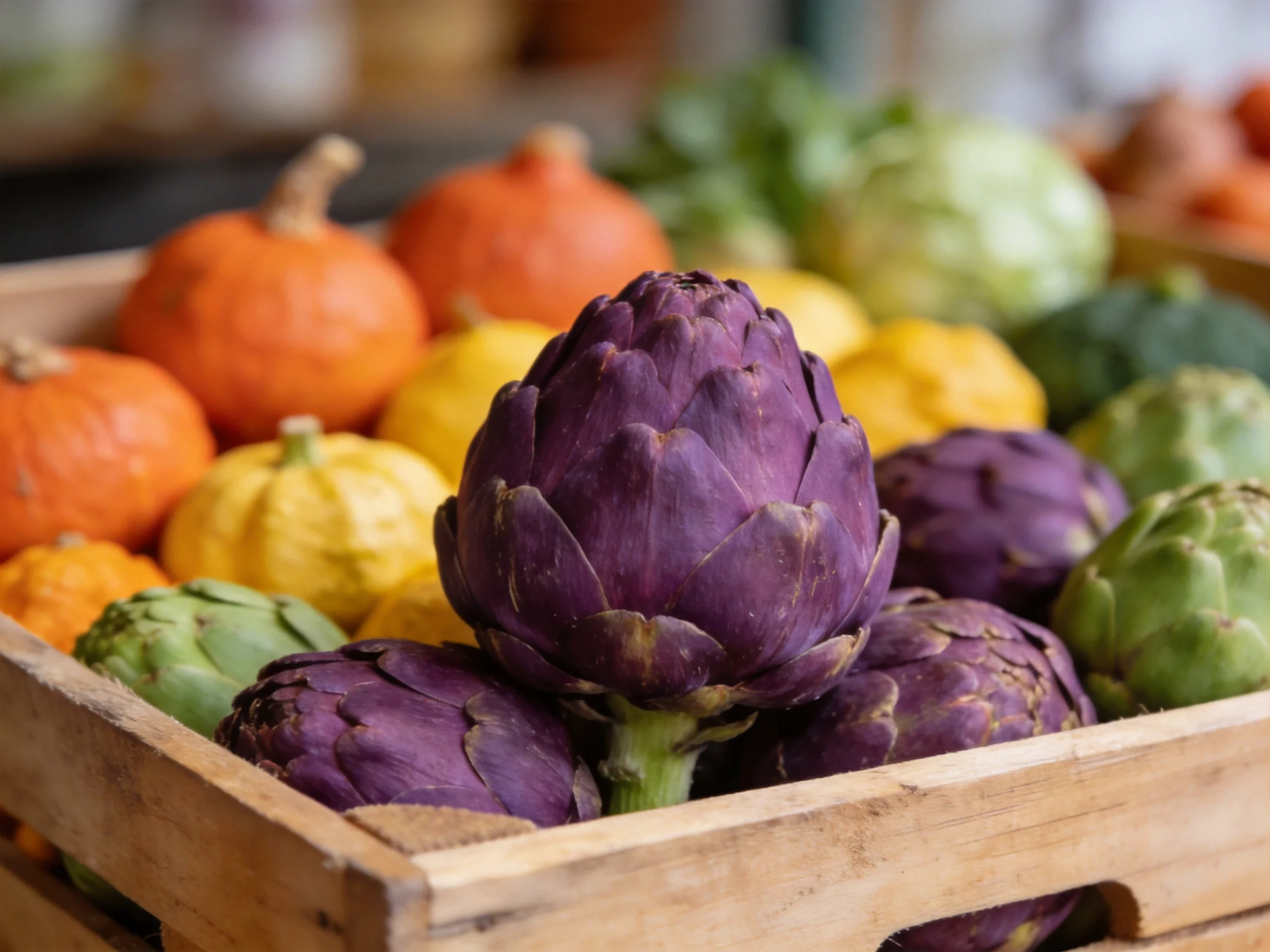 Purple artichokes and colorful gourds in a wooden crate