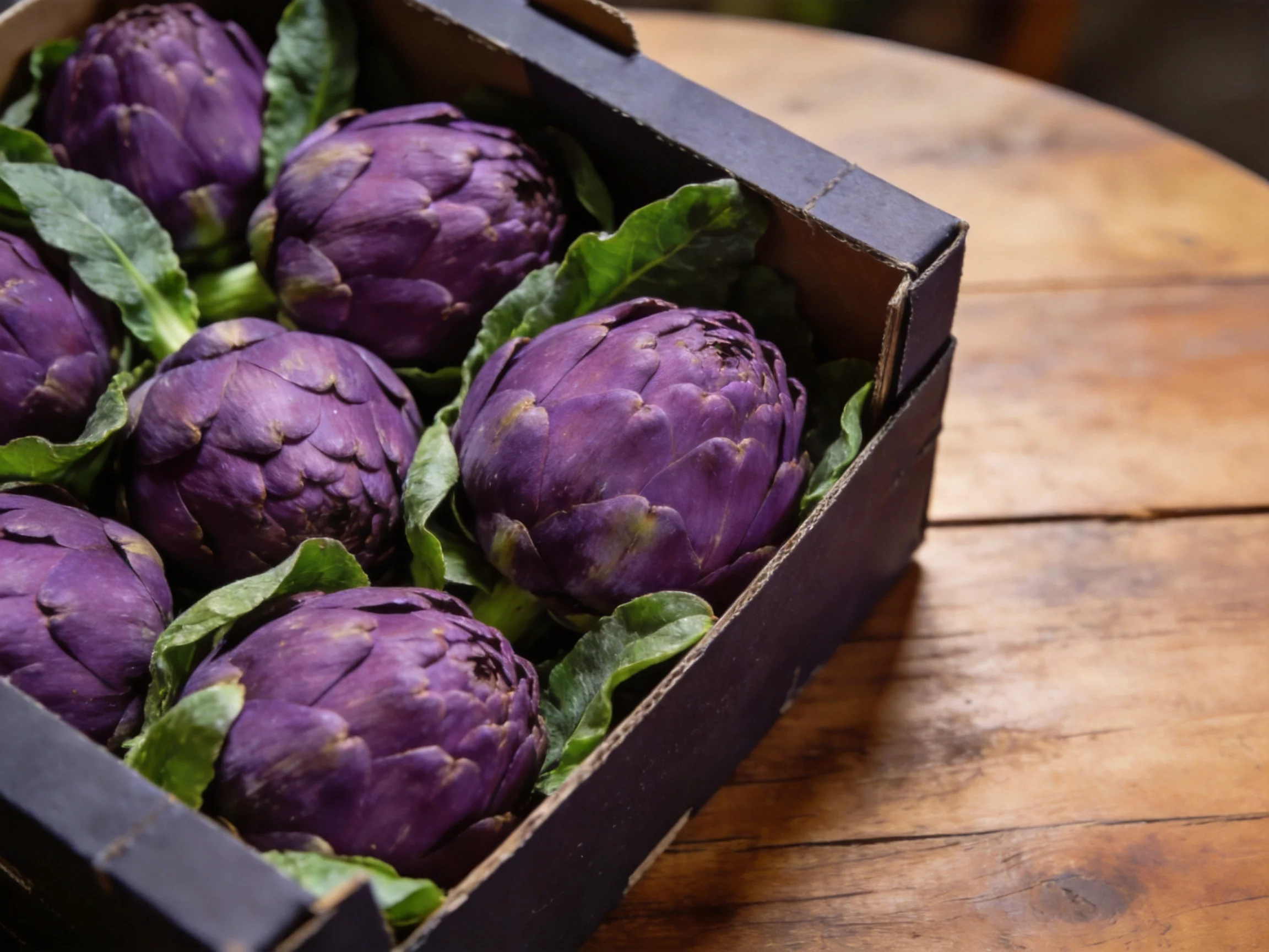 Purple artichokes arranged in a dark box on a wooden table