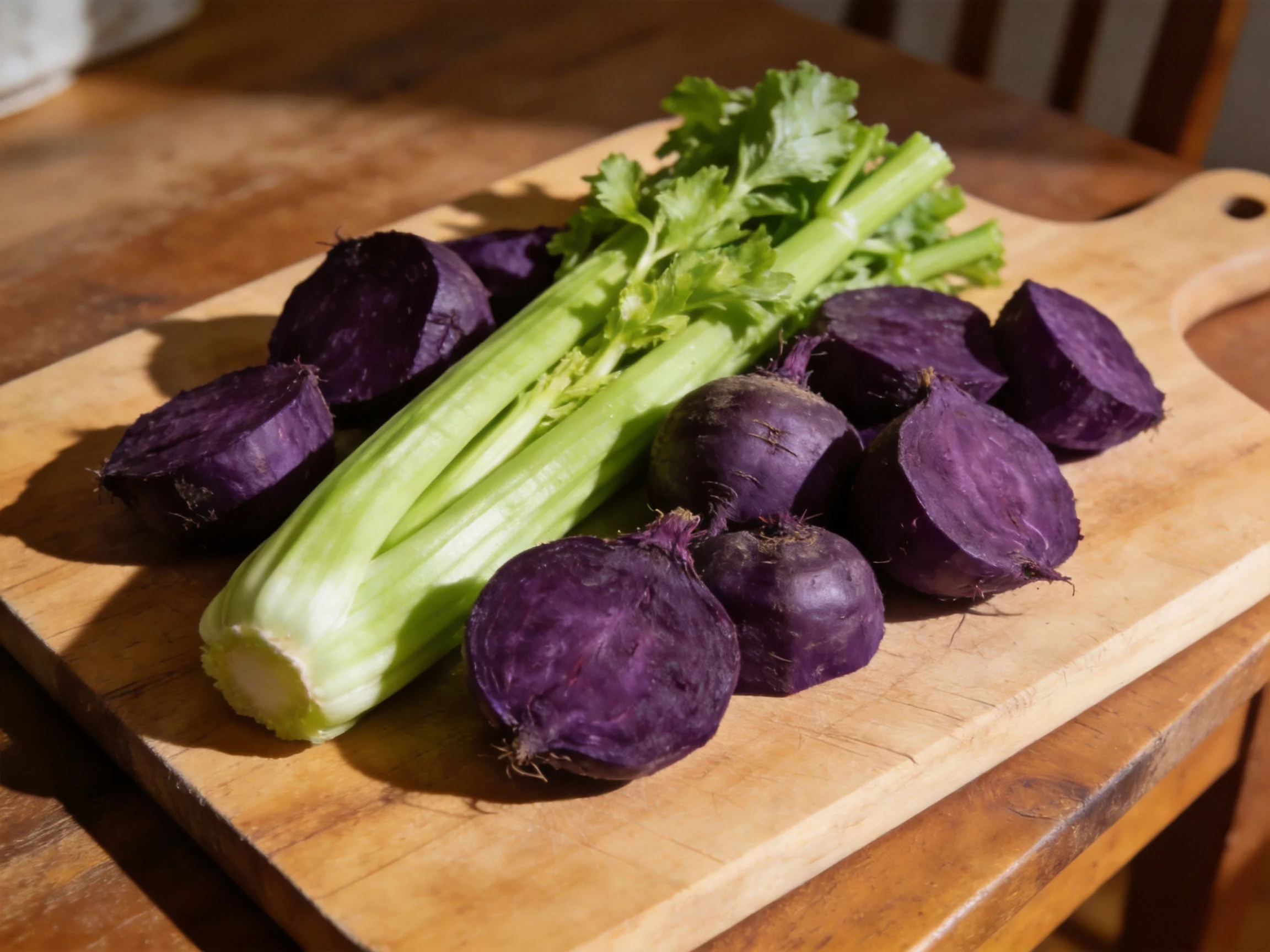 Purple beets and celery displayed on a wooden cutting board
