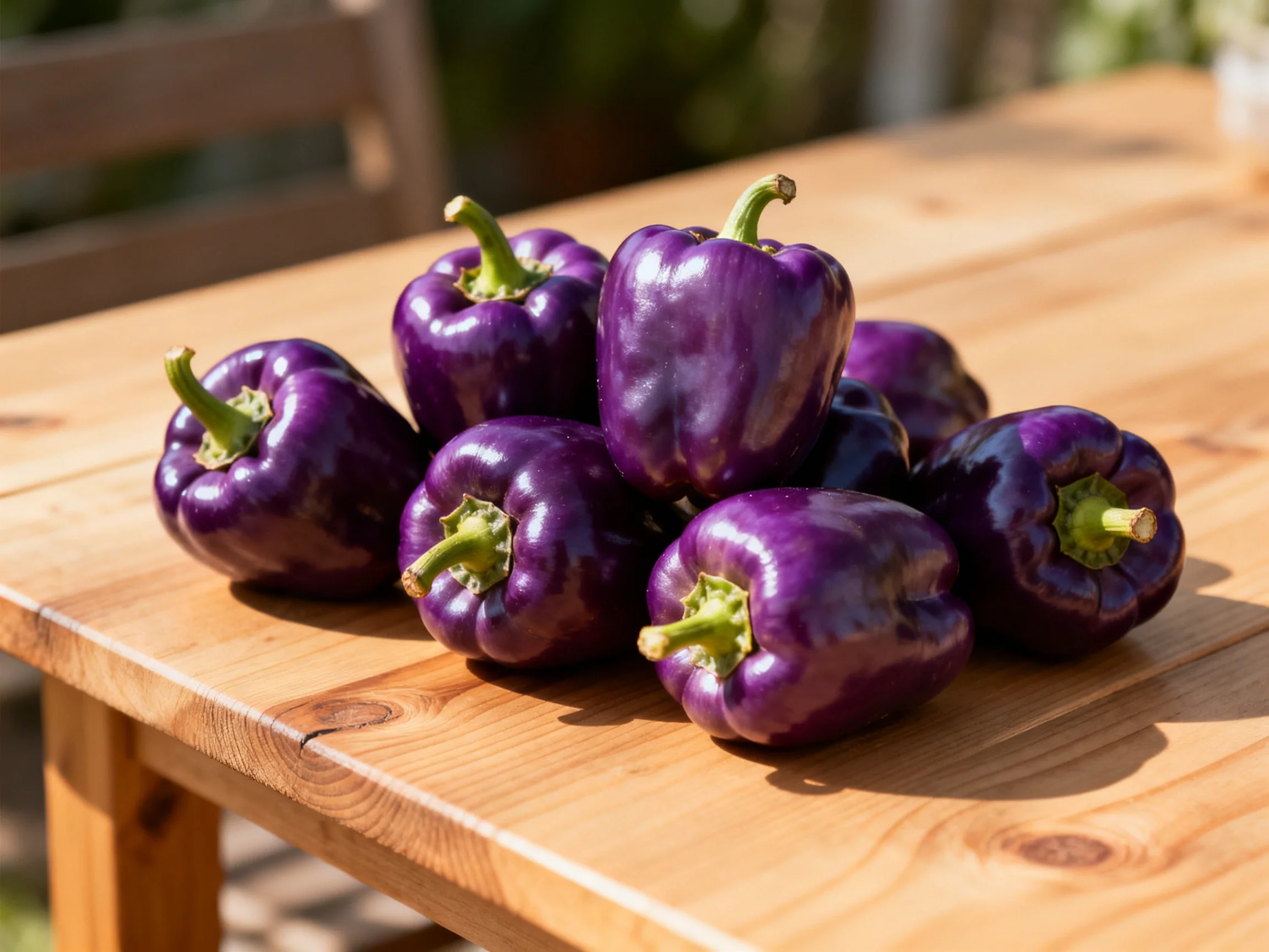 Purple bell peppers clustered on a smooth wooden outdoor table