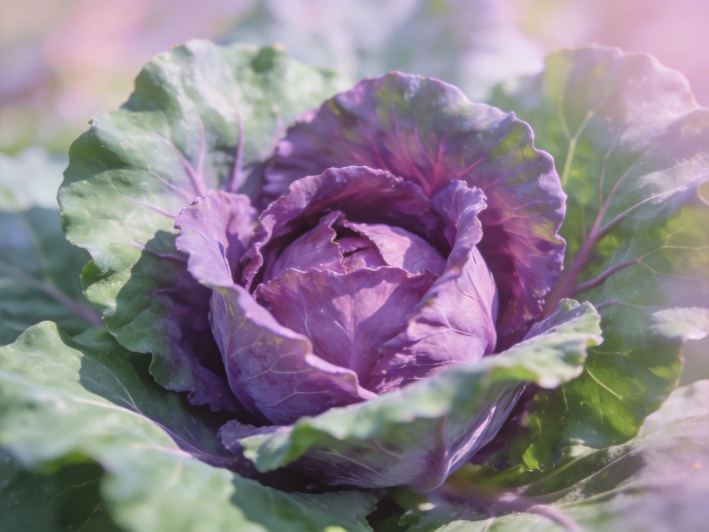 Purple cabbage with vibrant green foliage in natural garden setting